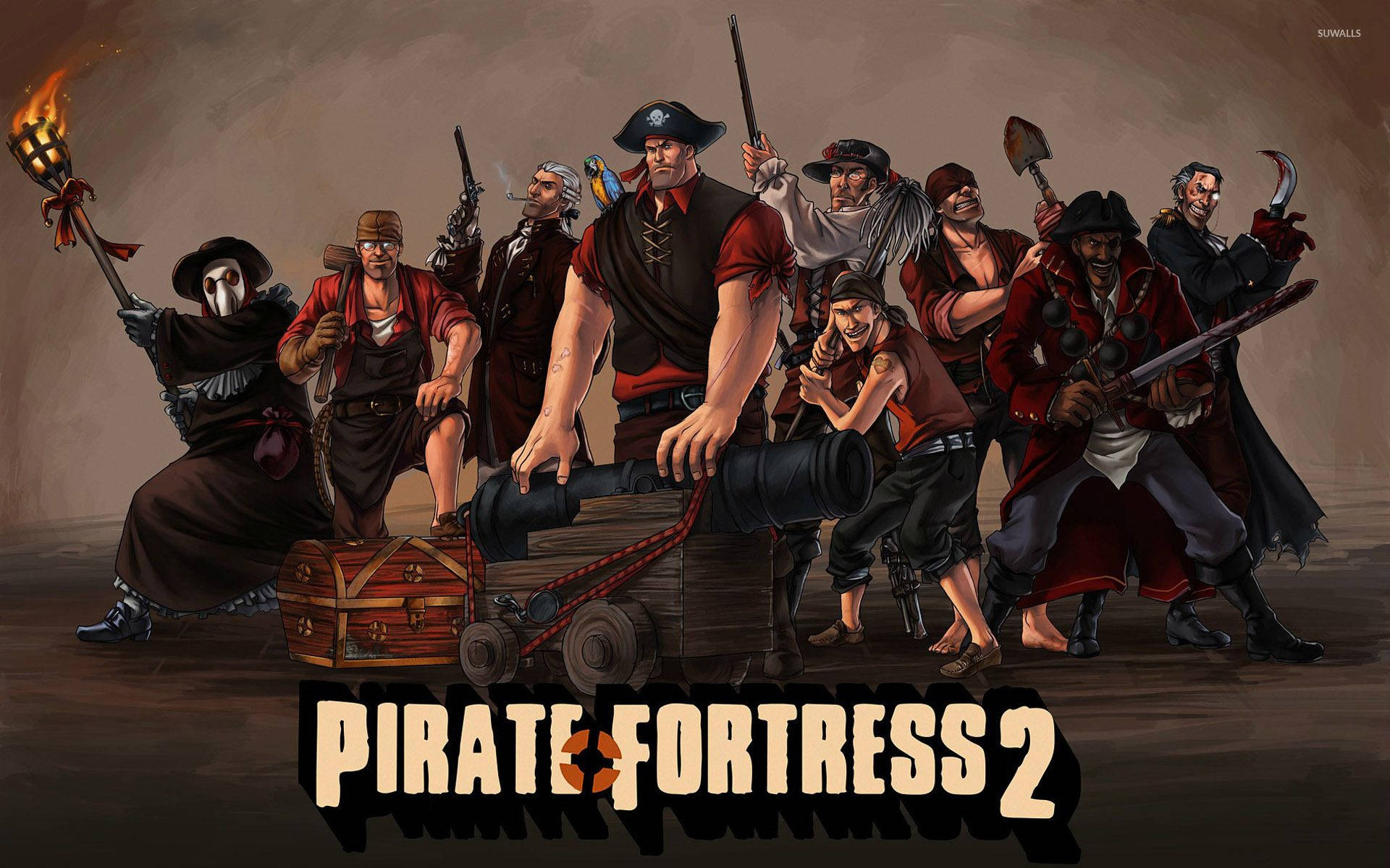 Team Fortress 2 海盜風同人圖 壁紙 — 一群不同的海盜帶著武器和大砲，在光線昏暗的堡壘環境中準備戰鬥。