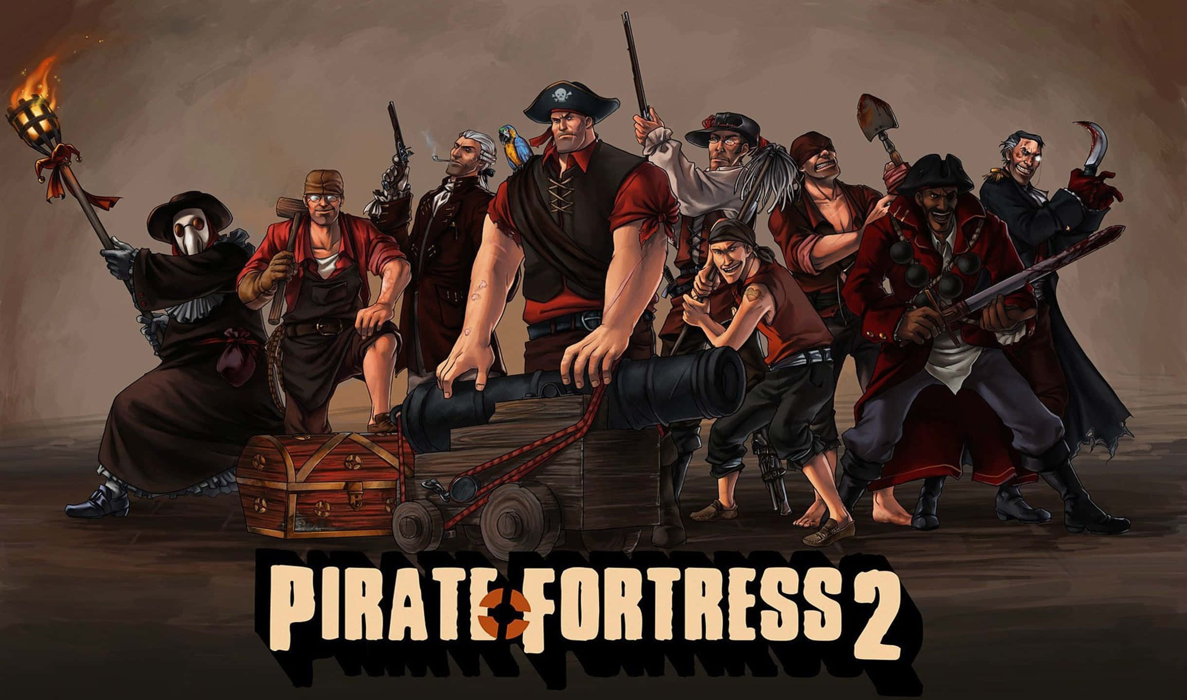 Team Fortress 2 海盜主題背景 壁紙 — 一群兇猛的海盜船員手持武器和大炮，在昏暗的堡壘場景中準備戰鬥。