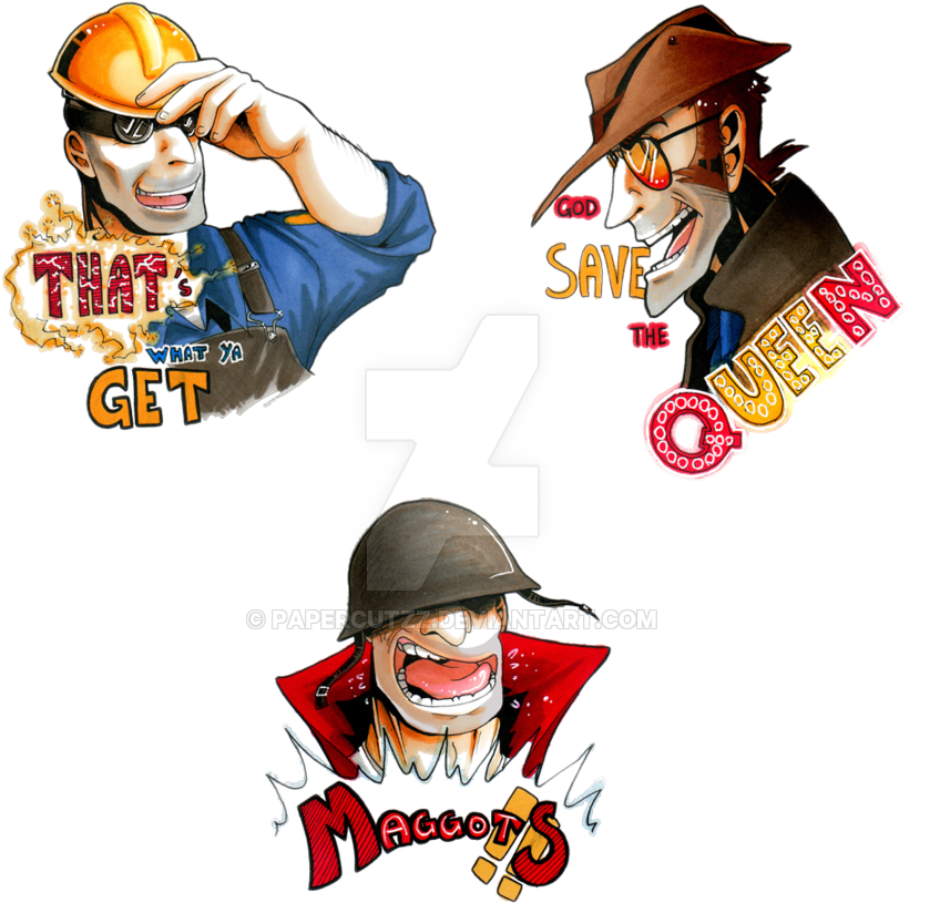 Team Fortress 2 角色表情集 壁紙 — 三個卡通角色，誇張的笑容和粗體文字標誌，背景為黑色。