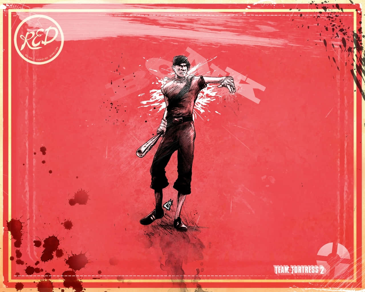 Team Fortress 2 中一個紅色隊伍的士兵以動態姿勢手持球棒。