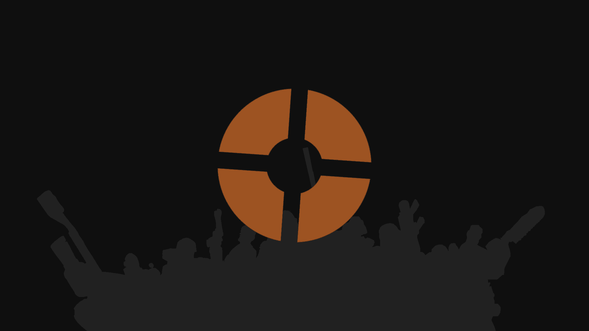 Team Fortress 2 狙擊手剪影與靶標 壁紙 — 一個簡約的橙色目標符號，居中位於歡呼人群手的深色剪影上方。