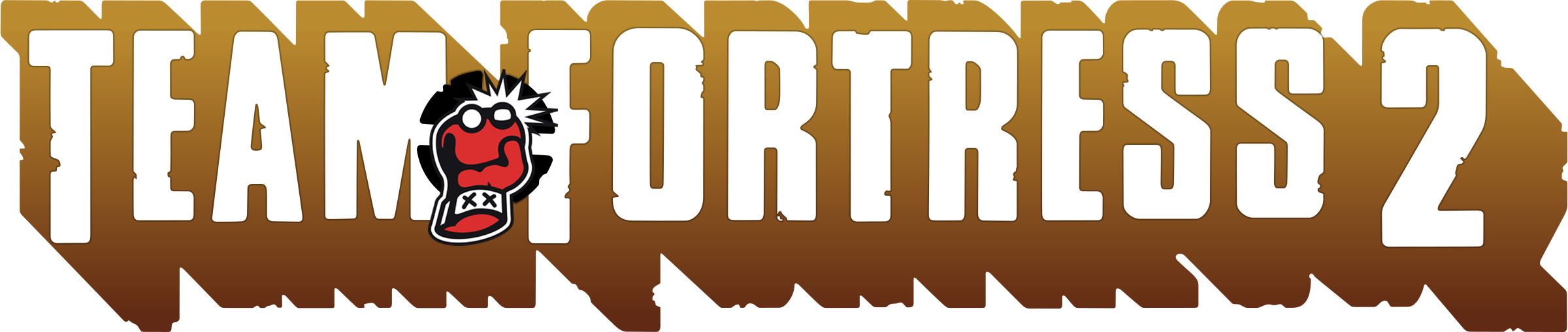 Team Fortress 2 標誌 壁紙 — 在棕色漸變背景上，粗體白色「TEAM FORTRESS 2」文字搭配卡通風格的紅色吉祥物頭標誌。