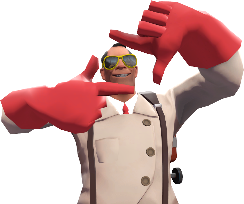 Team Fortress 2 醫生慶祝姿勢 壁紙 — 一個愉快嘅3D渲染男人，穿著米色外套同黃色太陽眼鏡，用巨大嘅紅色手喺白色背景前框住自己。