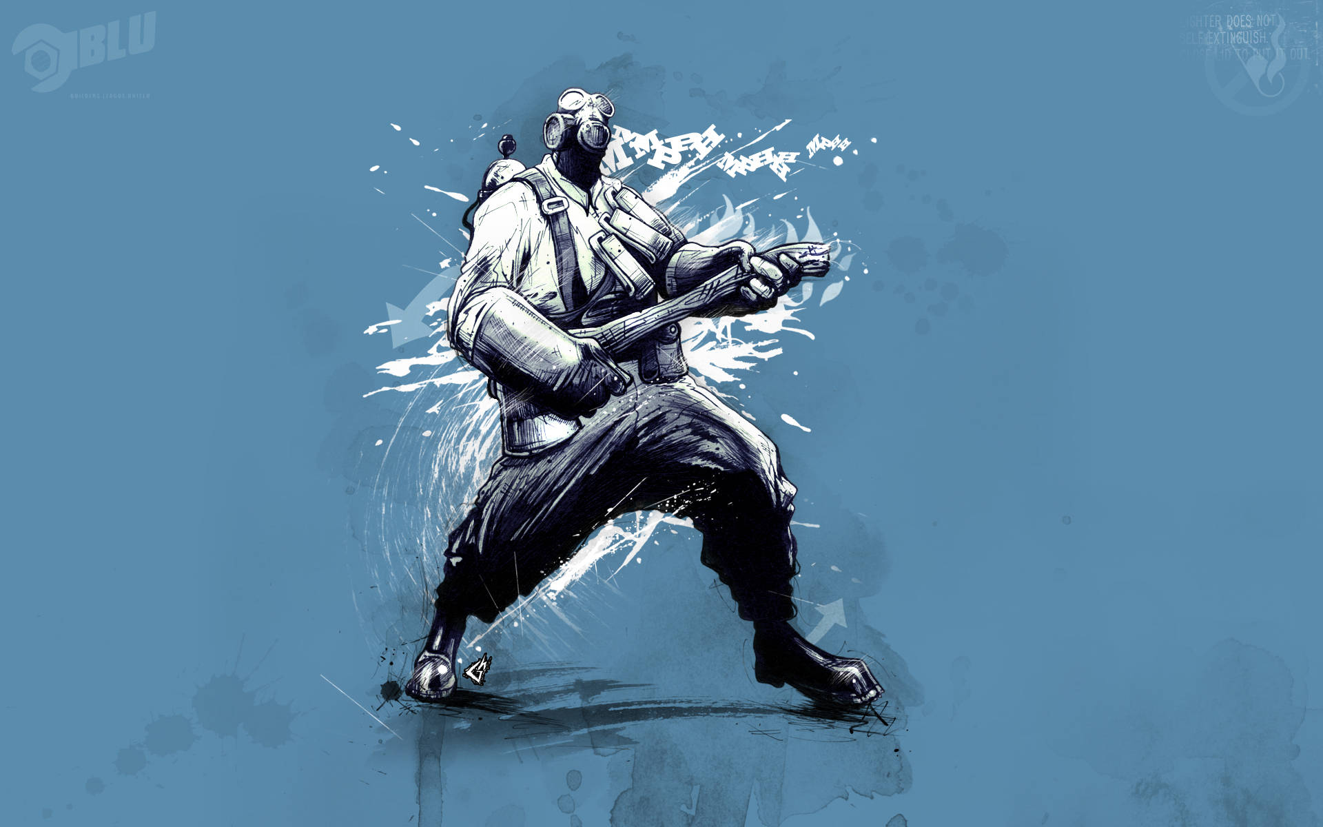Team Fortress 2 火槍手畫作 壁紙 — 一個風格化的戰士戴著防毒面具和戰術裝備，手持武器向帶有紋理的藍色背景猛衝。