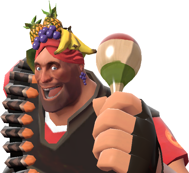 Team Fortress 2 爆破手戴水果帽拿沙錘 壁紙 — 一個開心的3D渲染角色，戴著水果皇冠並拿著沙槌，微笑著手持武器。