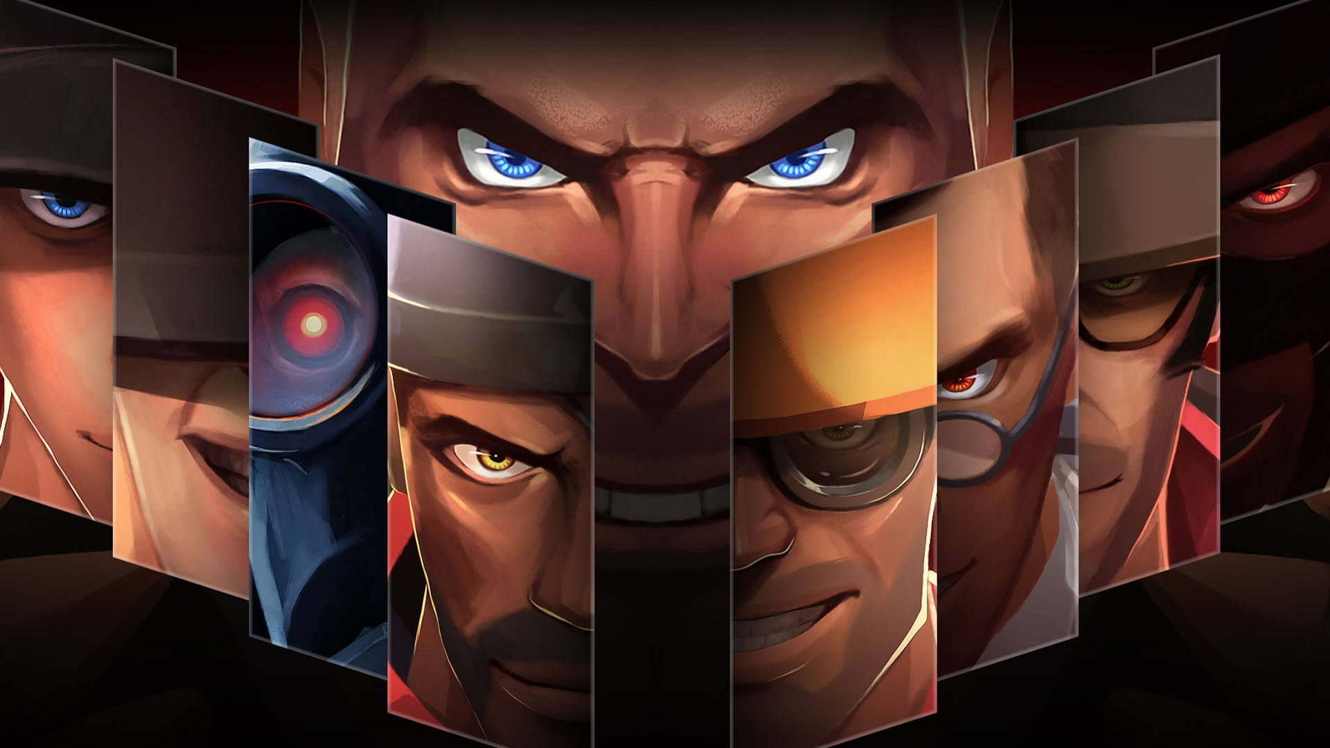 Team Fortress 2 九職業凝視拼貼畫 壁紙 — 一幅戲劇性的數位藝術拼貼畫，描繪七個表情強烈、眼睛發光的男性面孔。