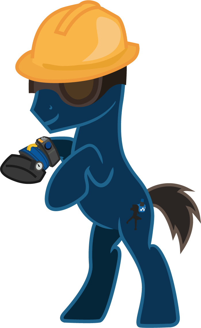 小馬工程師持扳手 Team Fortress 2 壁紙 — 一隻藍色卡通小馬戴著黃色安全帽和護目鏡，自信地站著並拿著工具。
