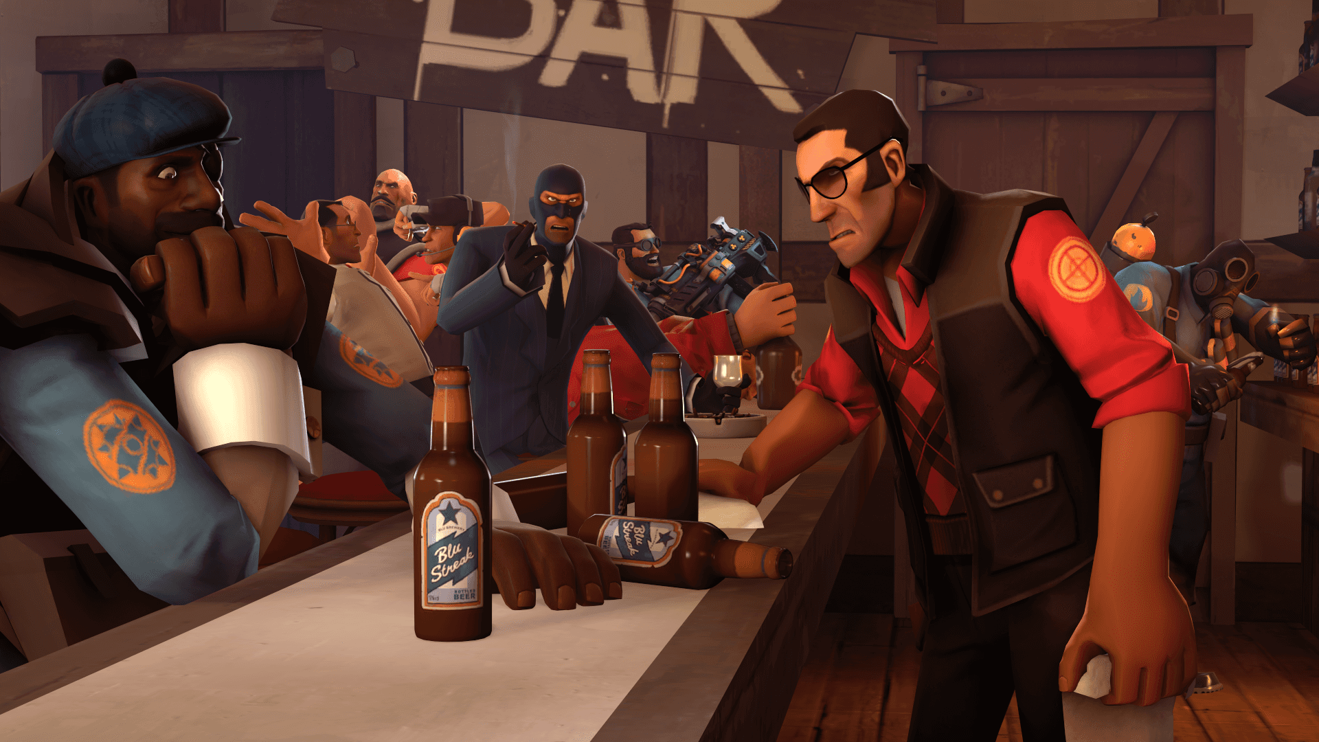 Team Fortress 2 隊伍酒吧聚會 壁紙 — 來自電子遊戲的熱鬧酒吧場景，動畫角色在木製櫃檯後喝啤酒和社交。