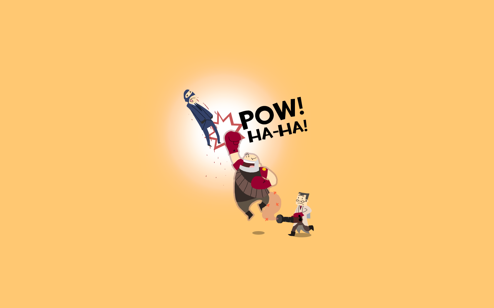 Team Fortress 2 漫畫風格擊倒 壁紙 — 卡通聖誕老人戴住紅色手套打警察，令佢飛走，並有 POW HA-HA! 文字，背景係純黃色。