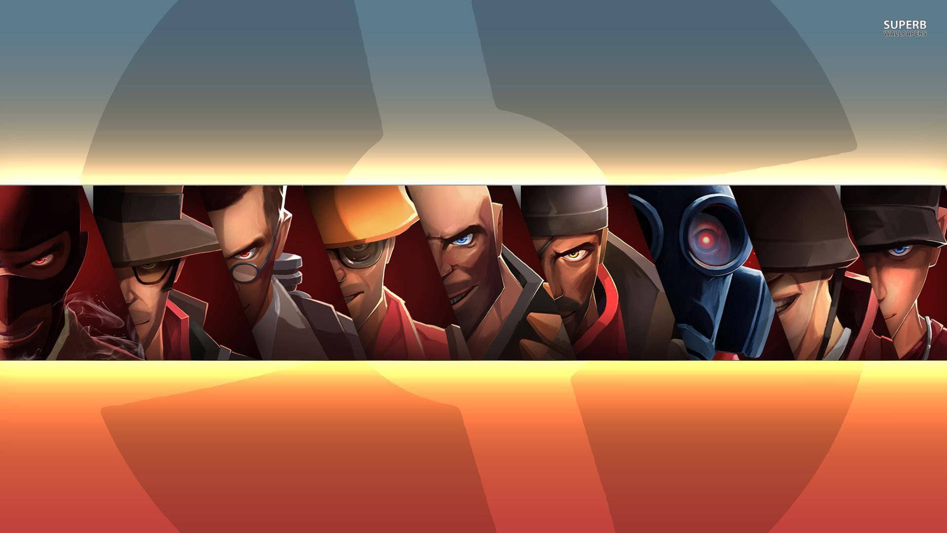 Team Fortress 2 角色海報 壁紙 — 一排七個風格化的動畫角色，表情強烈，頭飾多樣，背景為橙色和藍色漸變。