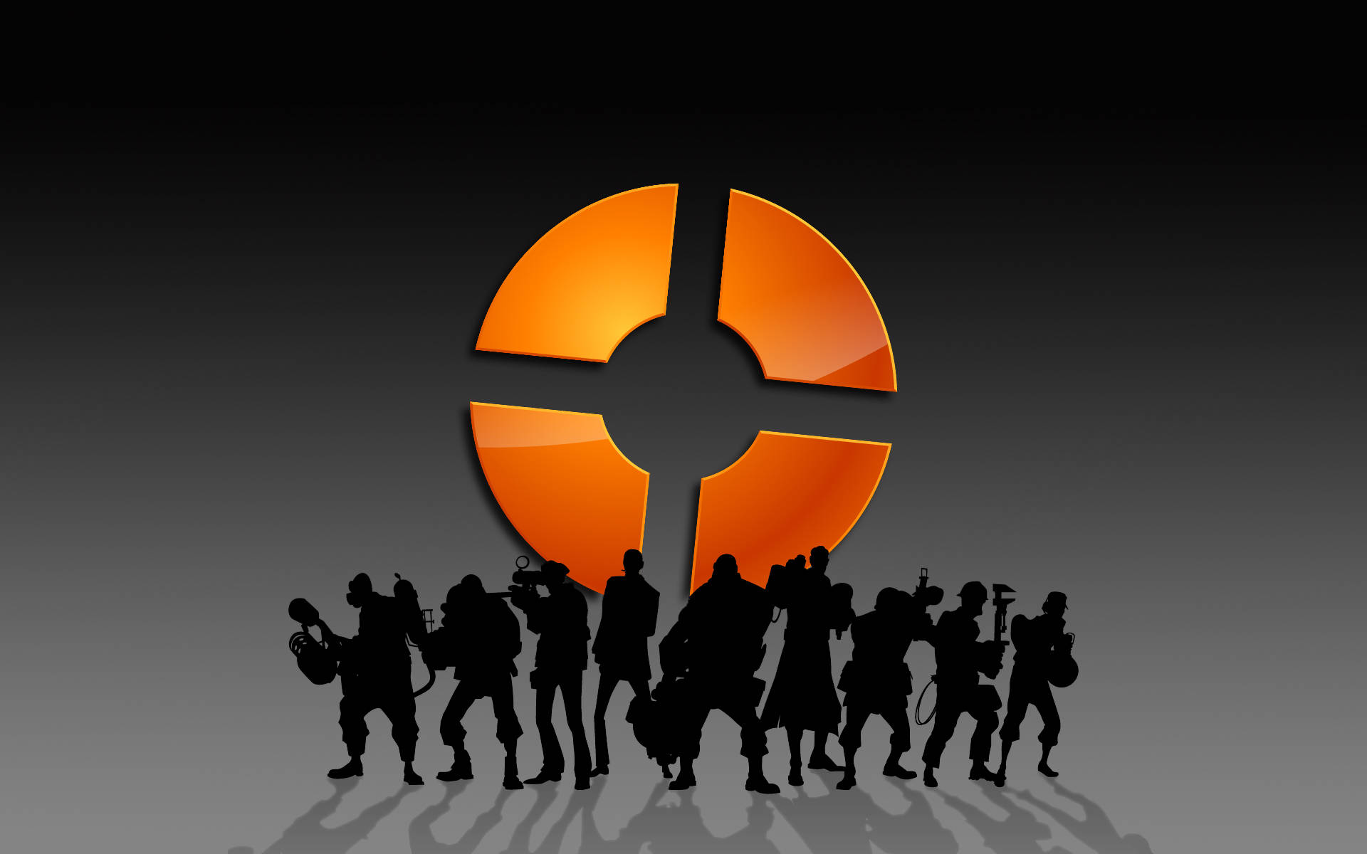 Team Fortress 2 標誌與剪影 壁紙 — 剪影人物站在一個發光的橙色圓形標誌前，背景為深色漸變。