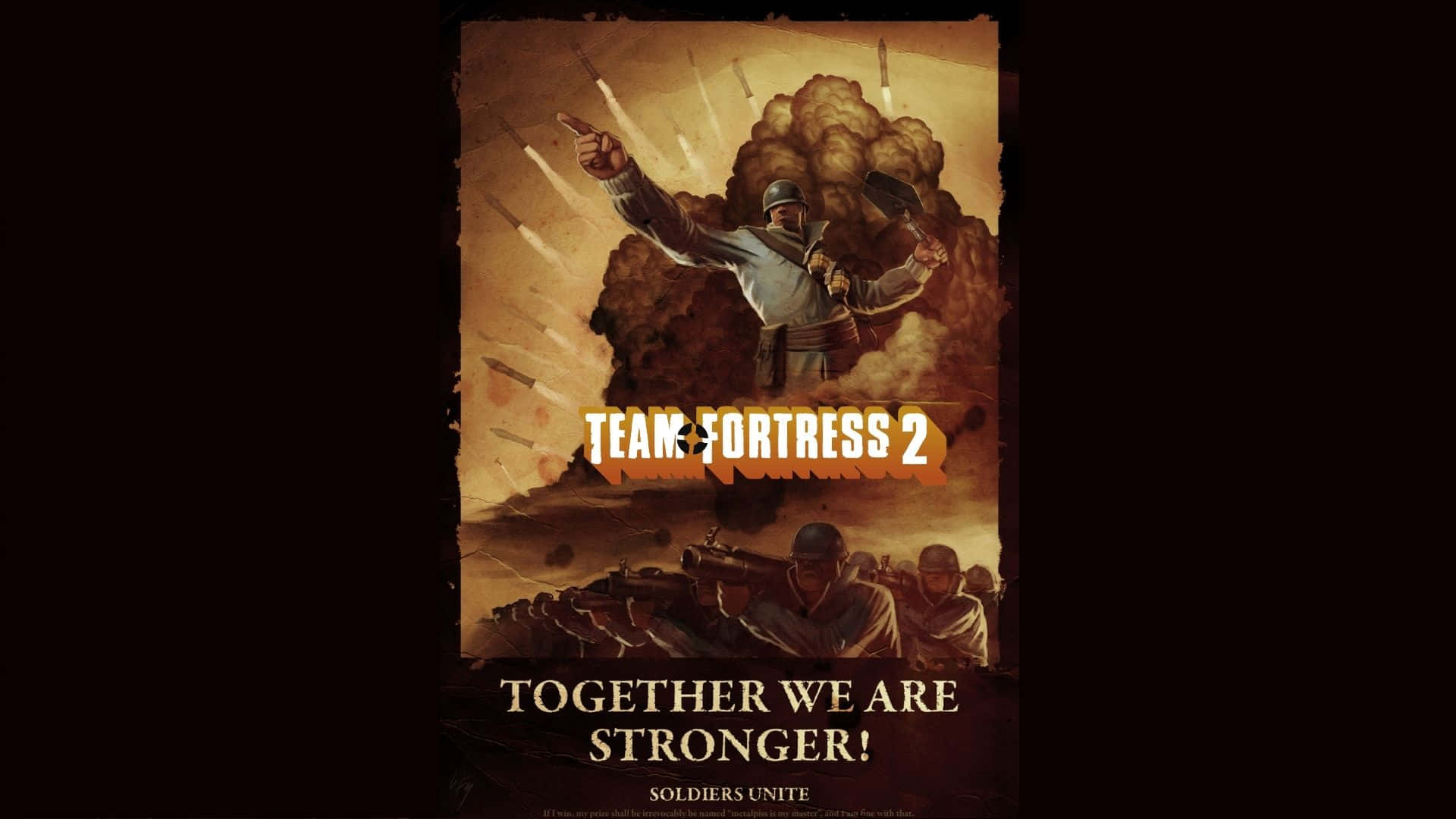 戰爭海報，展示士兵在戰鬥中與爆炸，文字為Team Fortress 2 Together We Are Stronger