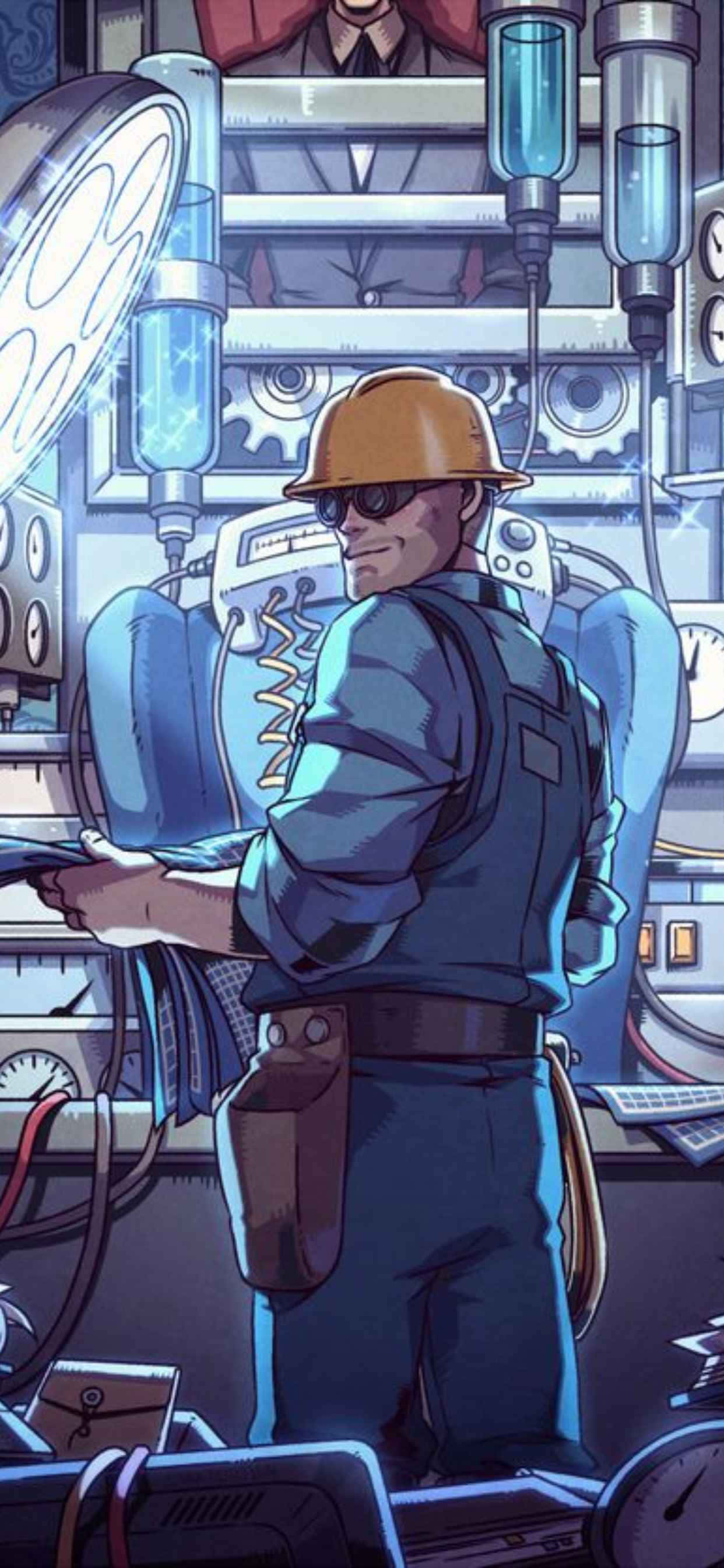 見證戰鬥的刺激——《Team Fortress 2》iPhone XS Max 背景 壁紙 — 一名戴著安全帽和太陽眼鏡的工人站在充滿發光機械和管道的未來感藍色控制室中。