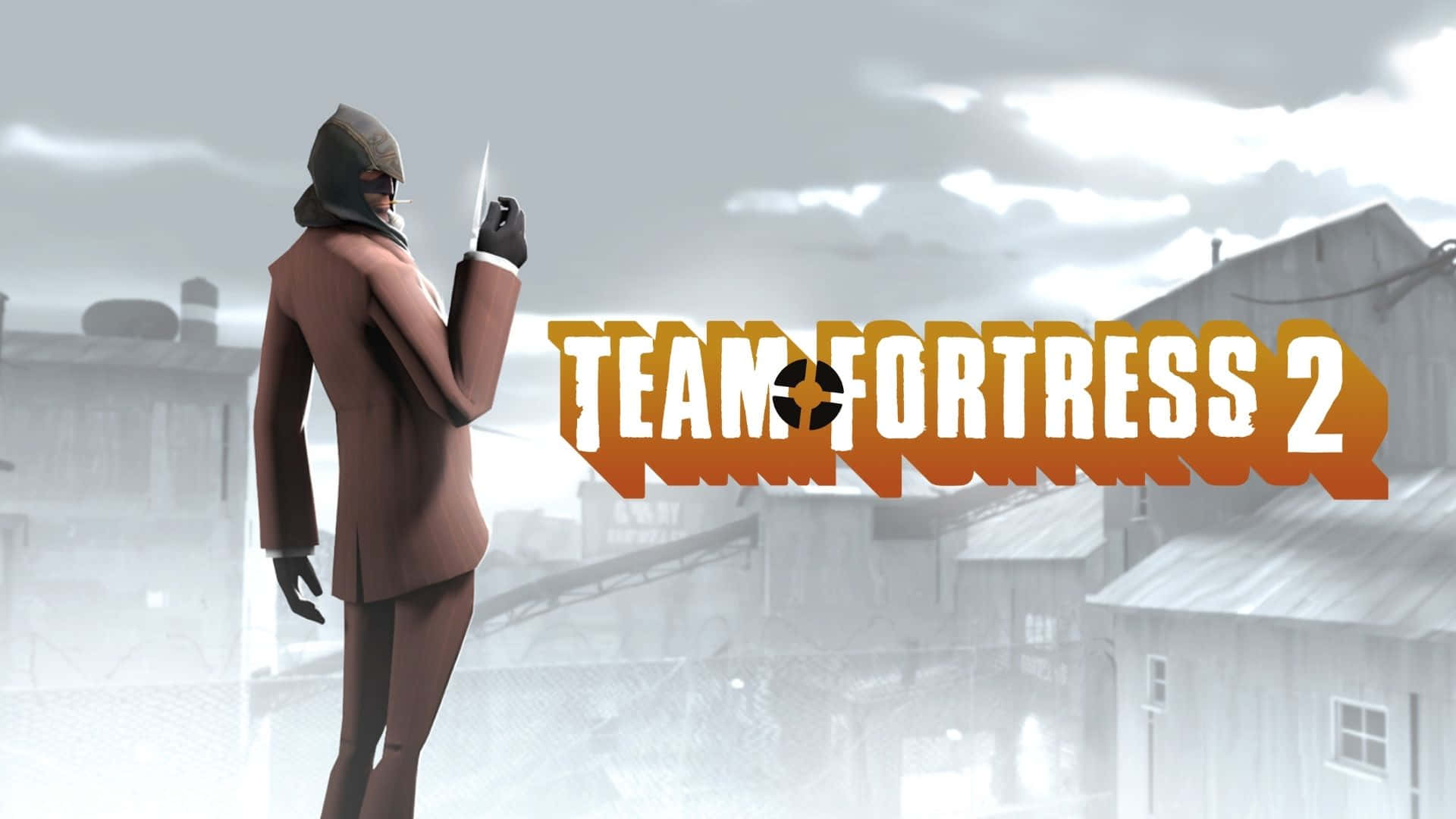 Team Fortress 2 角色身穿棕色西裝，在工業環境中手持刀具。