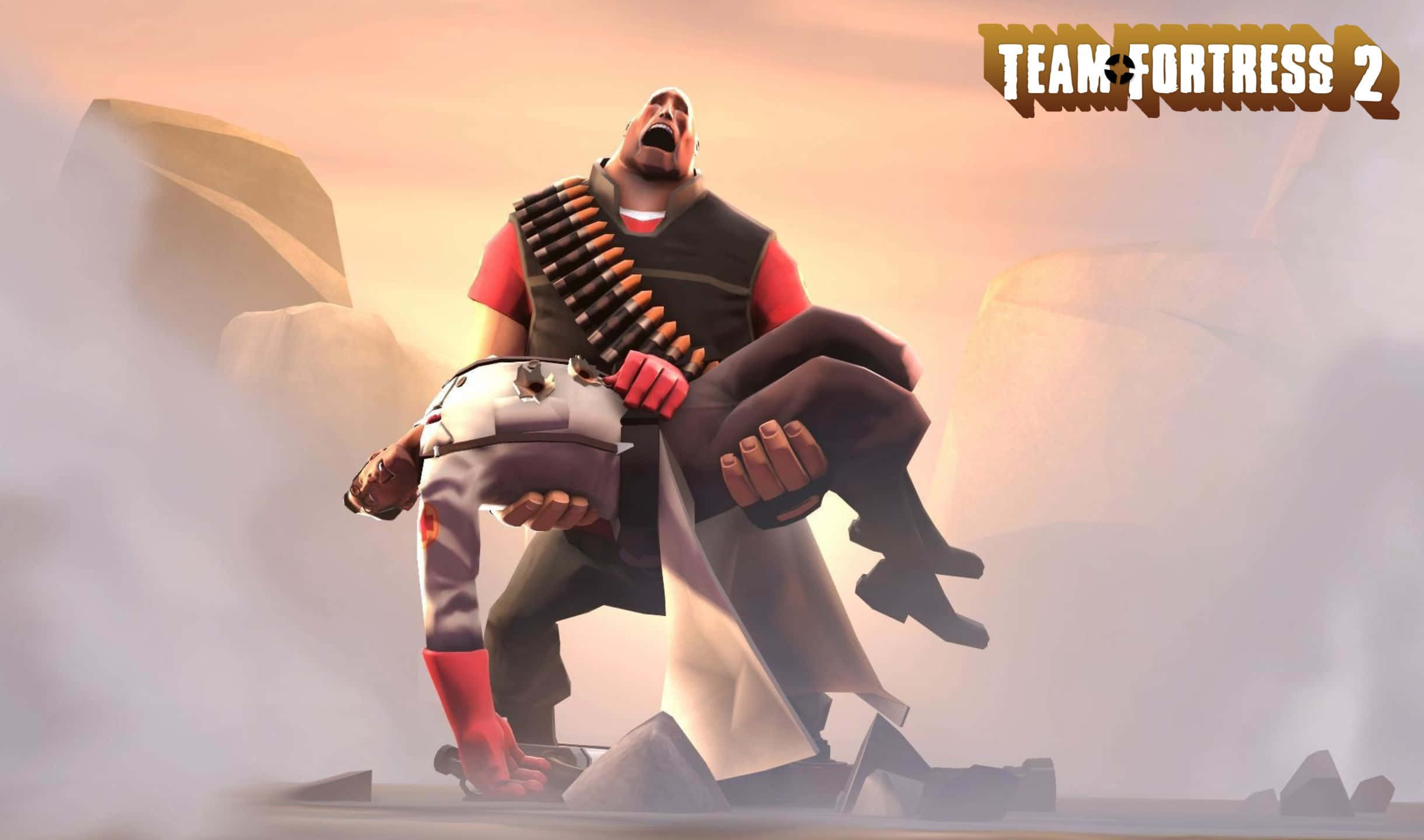 Team Fortress 2戰鬥的俯瞰視角 壁紙 — 一個身穿紅黑色的巨型士兵在日落時分背著一個較小的士兵穿過霧氣瀰漫的岩石峽谷。