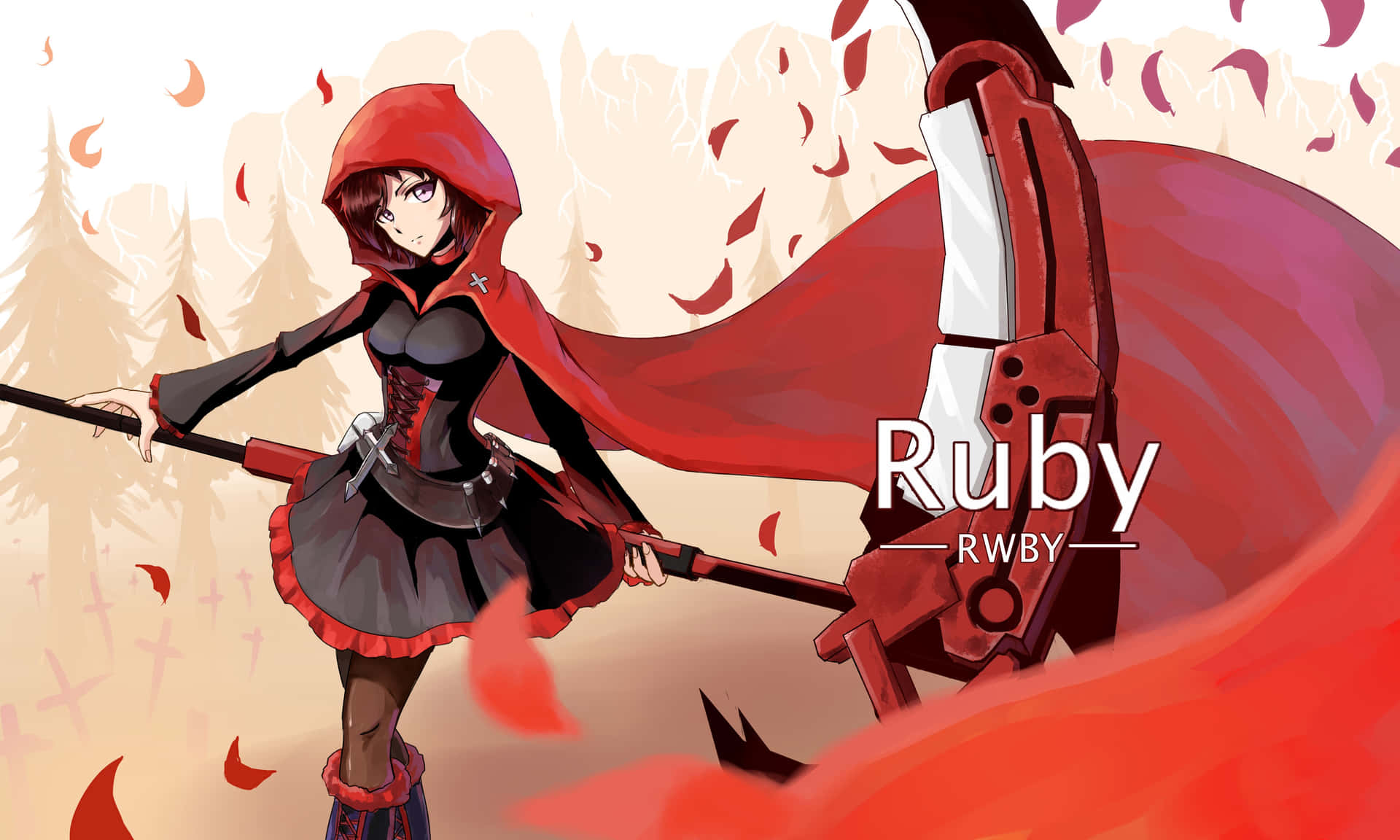 來自RWBY的Ruby Rose在森林中手持鐮刀，紅葉在她周圍旋轉。