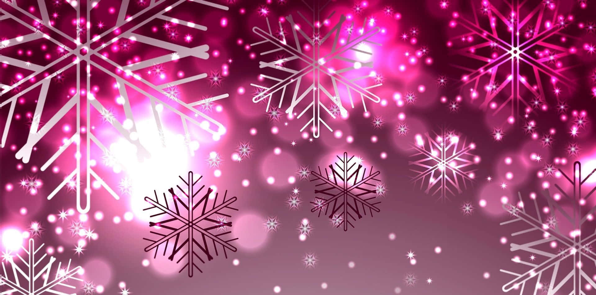 Teams 圣誕背景粉紅雪花 壁紙 — 不同大小的發光粉紅色雪花在閃爍的散景燈光下，在光彩奪目的漸變背景上飄浮。