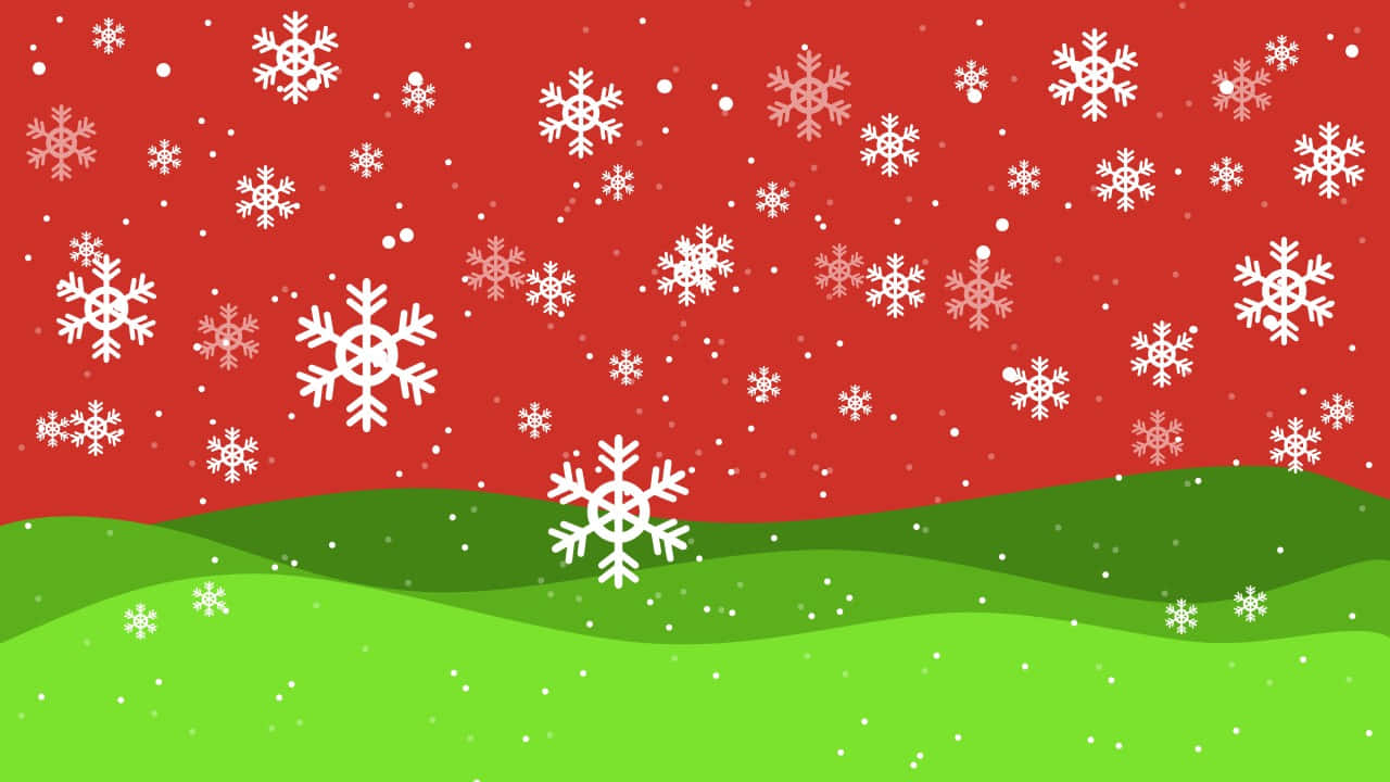 Teams 圣誕背景綠色山丘 壁紙 — 鮮豔的紅色天空，雪花飄落在起伏的綠色山丘上，營造出節日冬季場景。