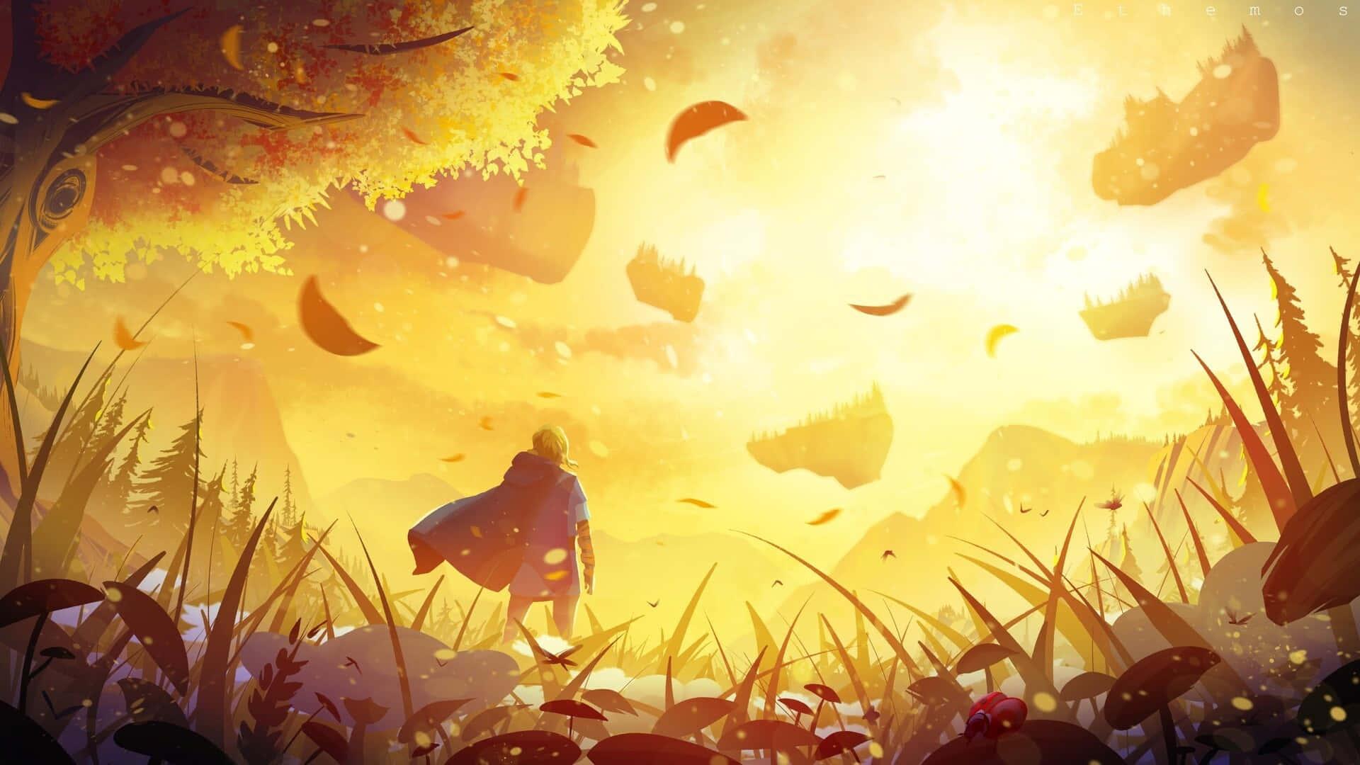 Tears Of The Kingdom 黃昏 壁紙 — 一個孤獨的身影披著斗篷，在金色夕陽下穿過高高的草叢，秋葉在空中飄舞。