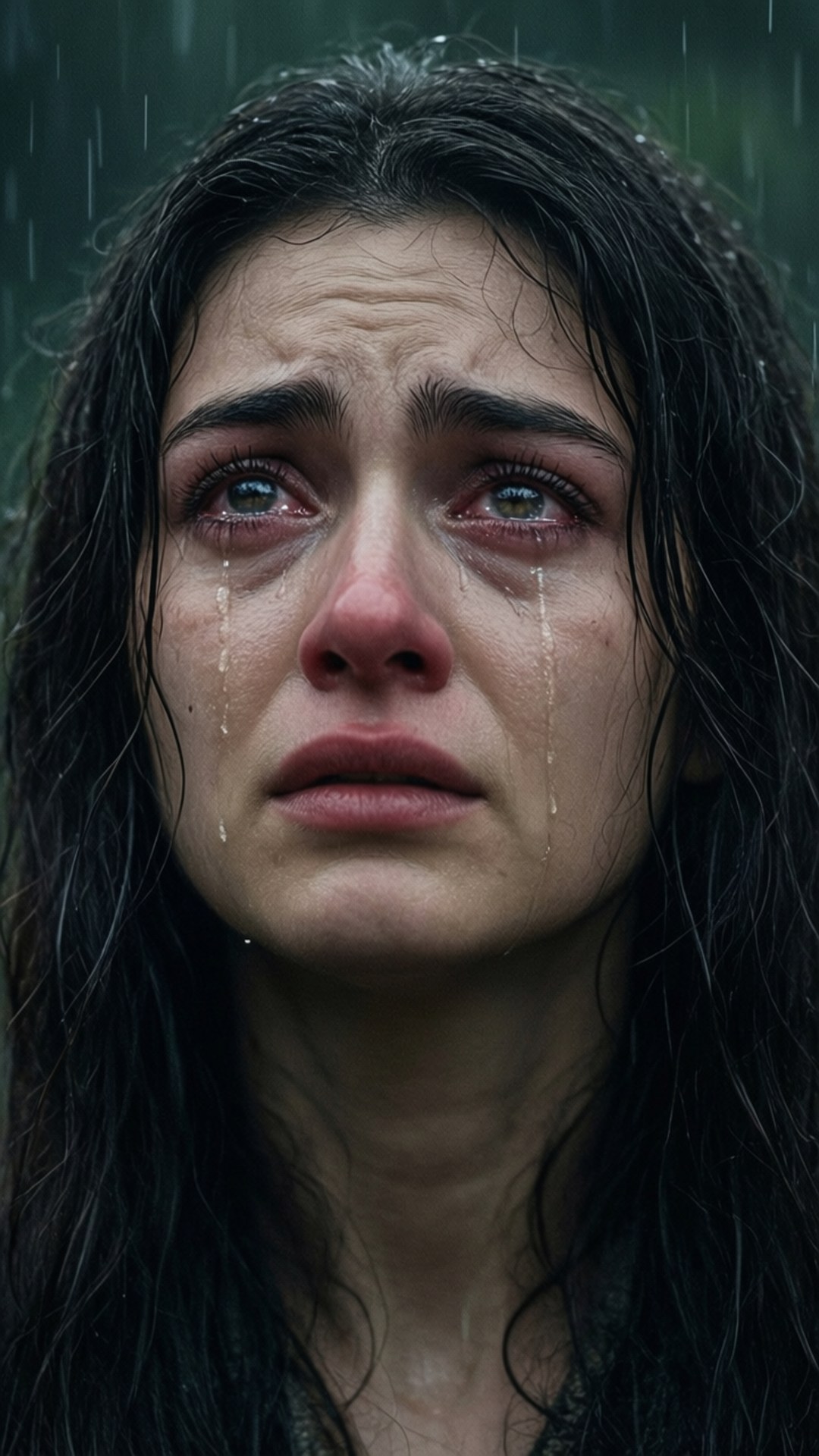 一名女子在雨中哭泣，淚水順著臉頰流下。
