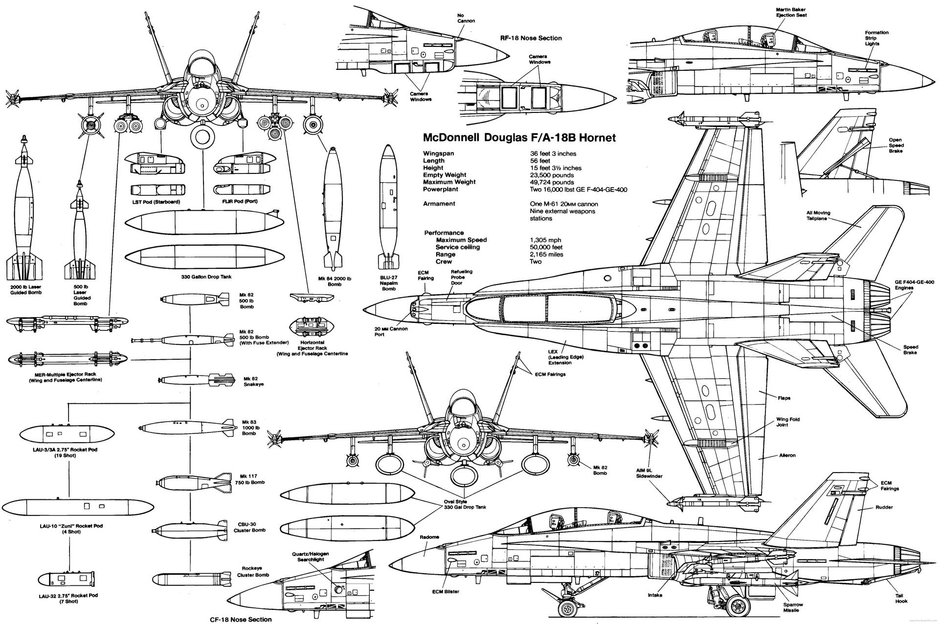 F/A-18 大黃蜂戰鬥機的技術線圖，帶有標籤的組件和規格。