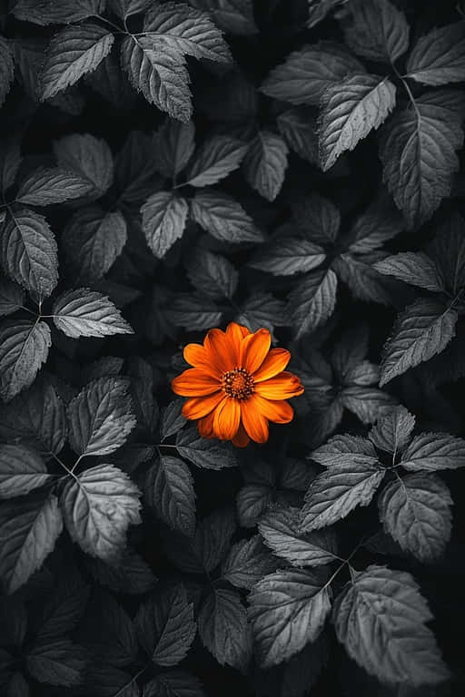 一朵明亮的橙色花朵被深灰色葉子包圍，形成高對比構圖。