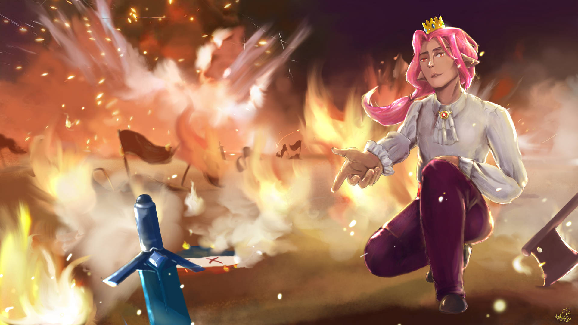 粉紅頭髮戴皇冠的動漫角色在燃燒的戰場場景中跪下。 — Technoblade GIF 壁紙