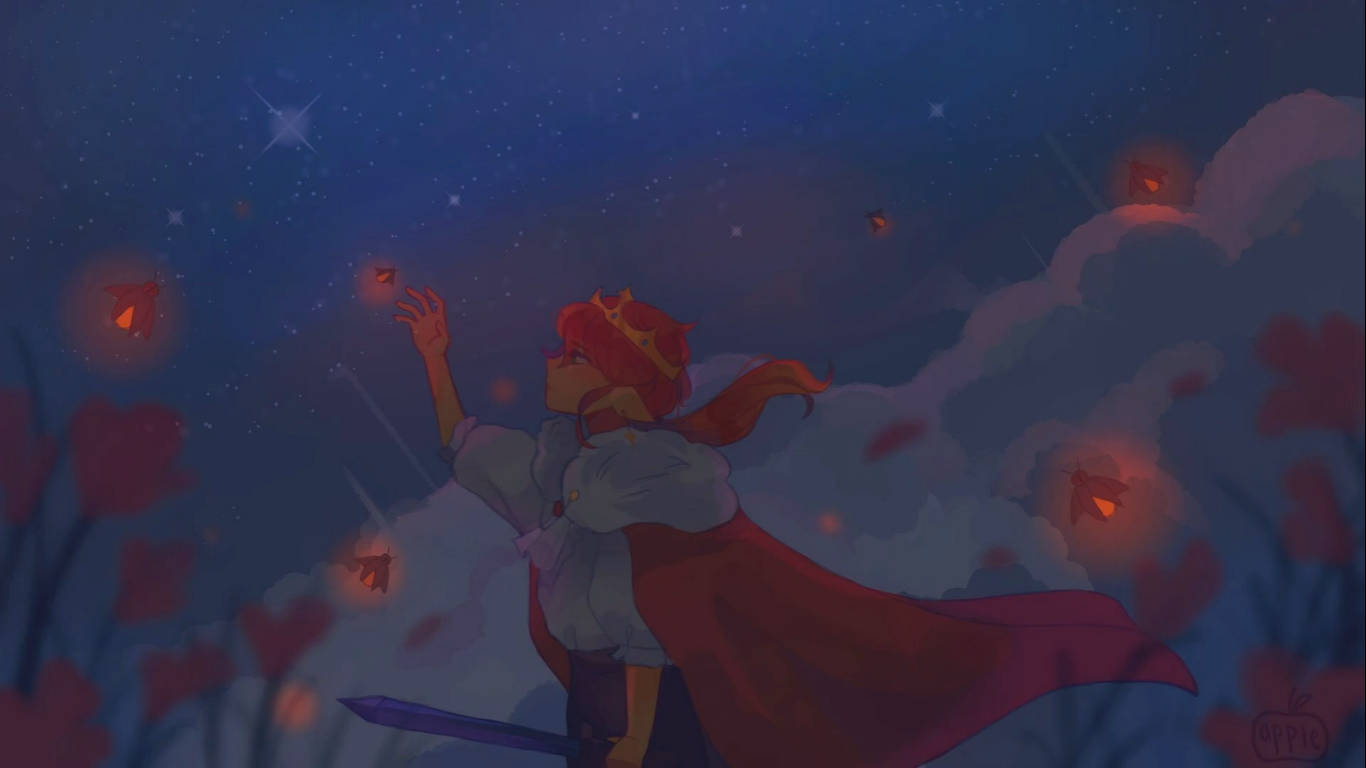 紅髮女孩和斗篷在星空下伸手觸摸發光的螢火蟲。 — Technoblade GIF 壁紙