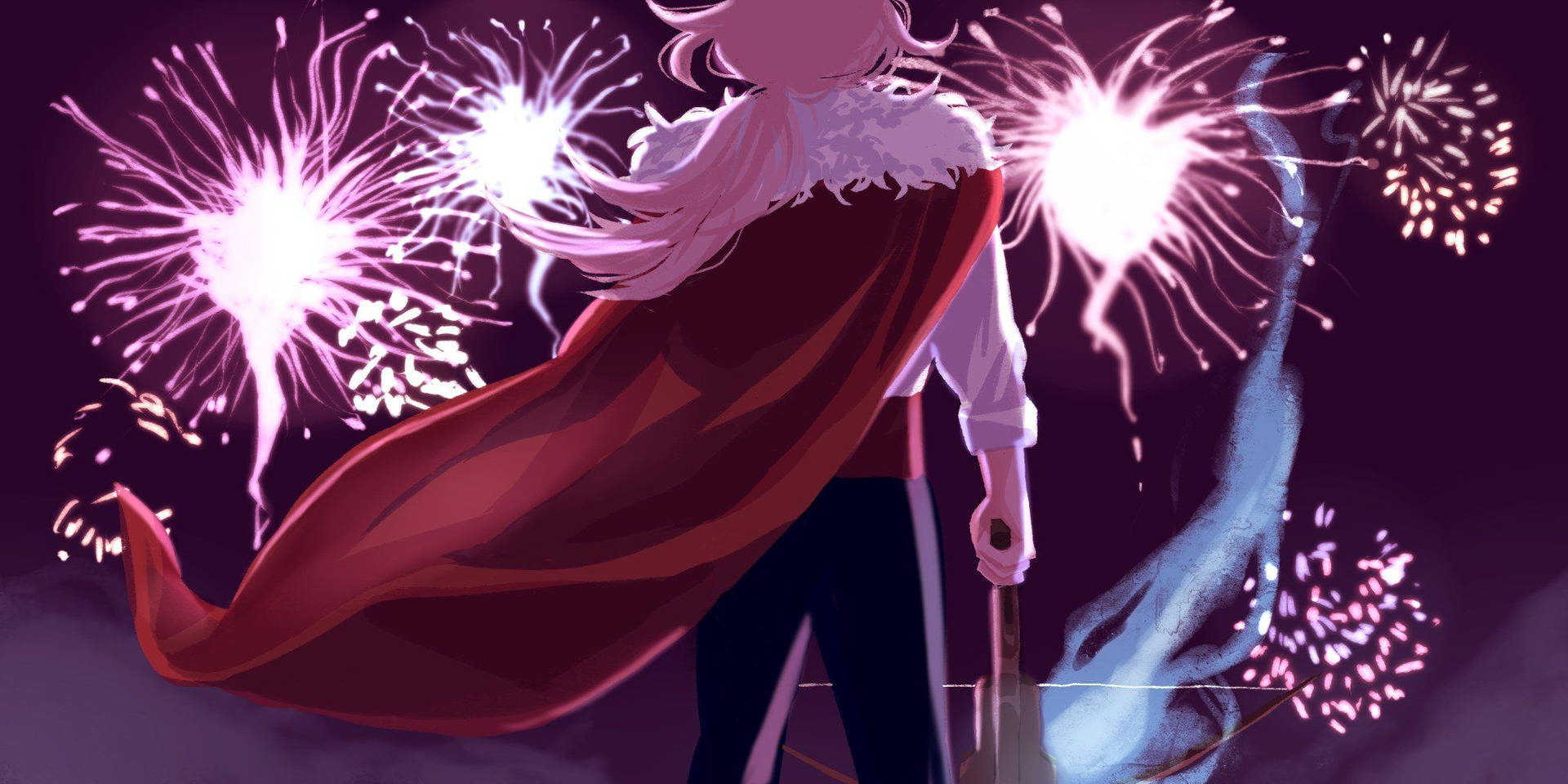 身穿紅色斗篷的動漫角色在夜晚觀看煙火 — Technoblade GIF 壁紙