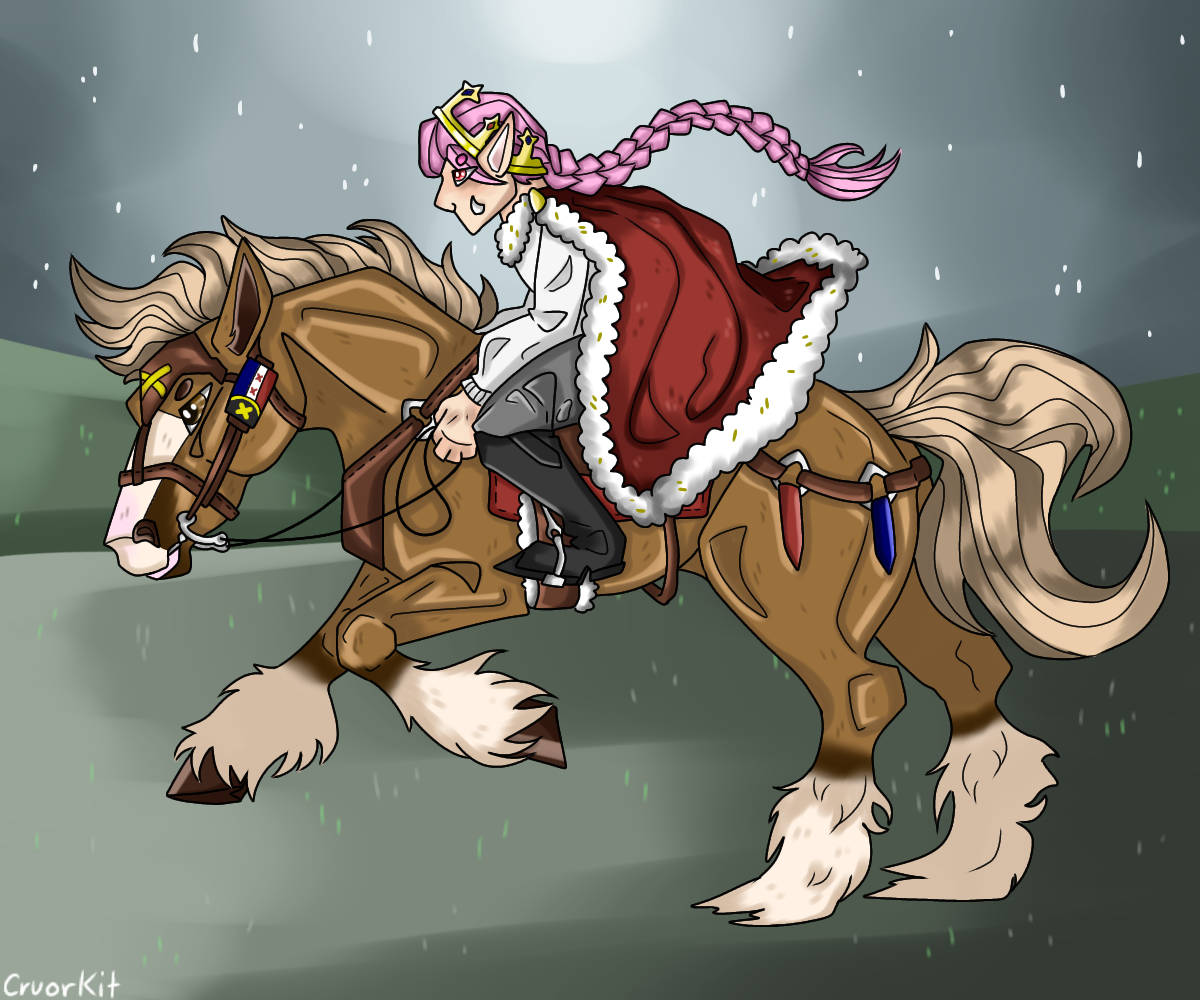 粉紅色頭髮的精靈穿著紅色斗篷在雨中騎著棕色的馬。 — Technoblade GIF 壁紙