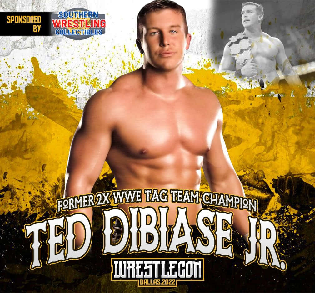 Ted DiBiase Jr. 圖形藝術 壁紙 — 肌肉發達的摔角手 Ted DiBiase Jr. 自信地凝視著帶有冠軍文字的鮮明黃黑潑濺背景。