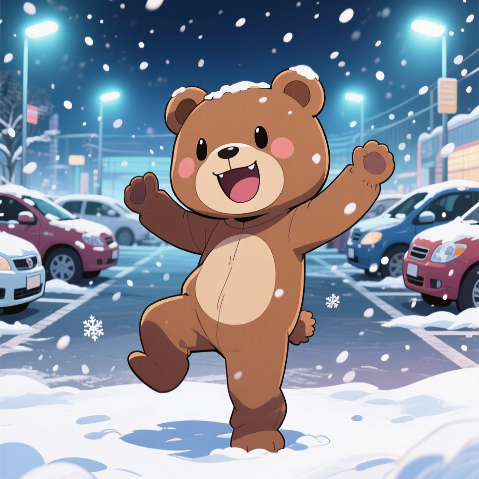 一隻卡通熊在夜晚的雪中，在一個有汽車和街燈的停車場跳舞。