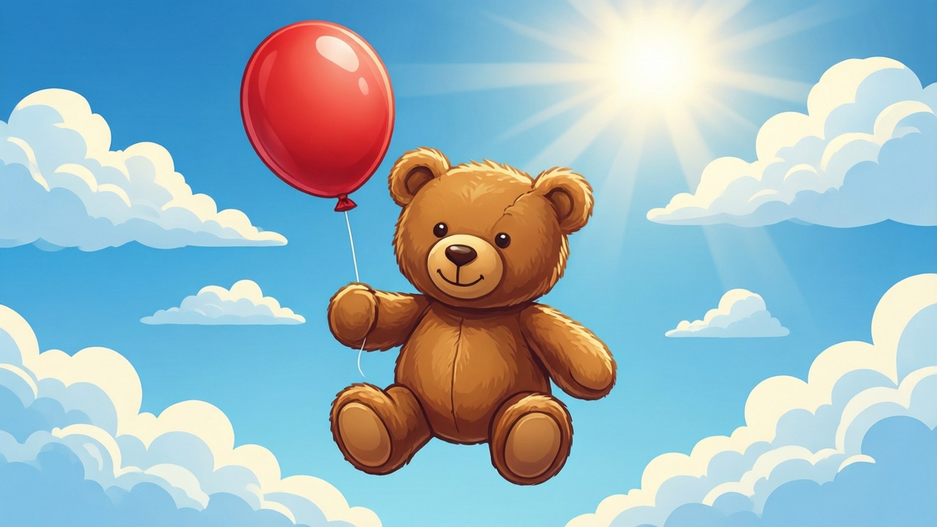 棕色泰迪熊在天空漂浮，拿著紅色氣球，有太陽和雲
