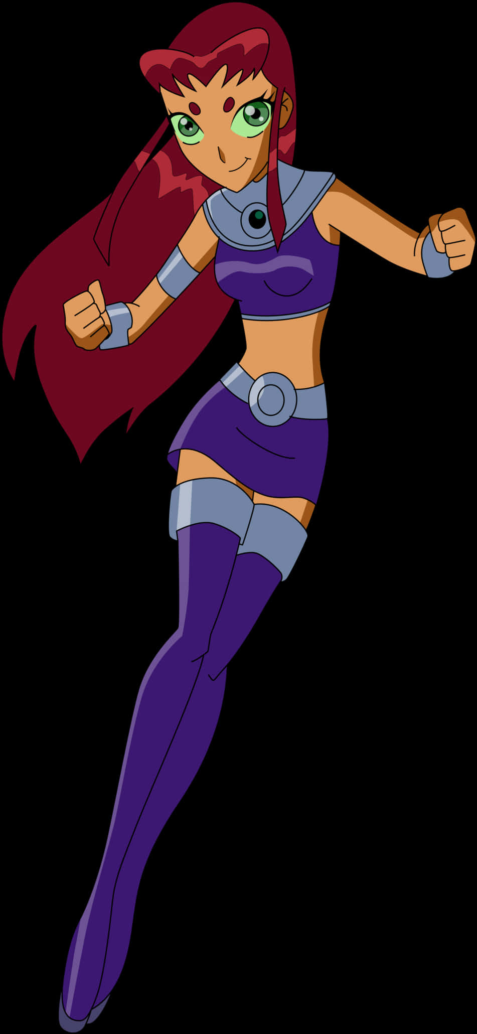 星火 Teen Titans 動畫角色 壁紙 — 一個充滿活力的動漫角色，紅髮綠眼，穿著紫色和灰色的服裝，在黑色背景前擺出英雄姿勢。