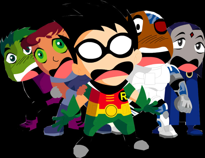 Teen Titans Go 團隊潛行模式 壁紙 — 五個動畫青少年超級英雄穿著色彩繽紛的服裝，在黑色背景前睜大眼睛站在一起。