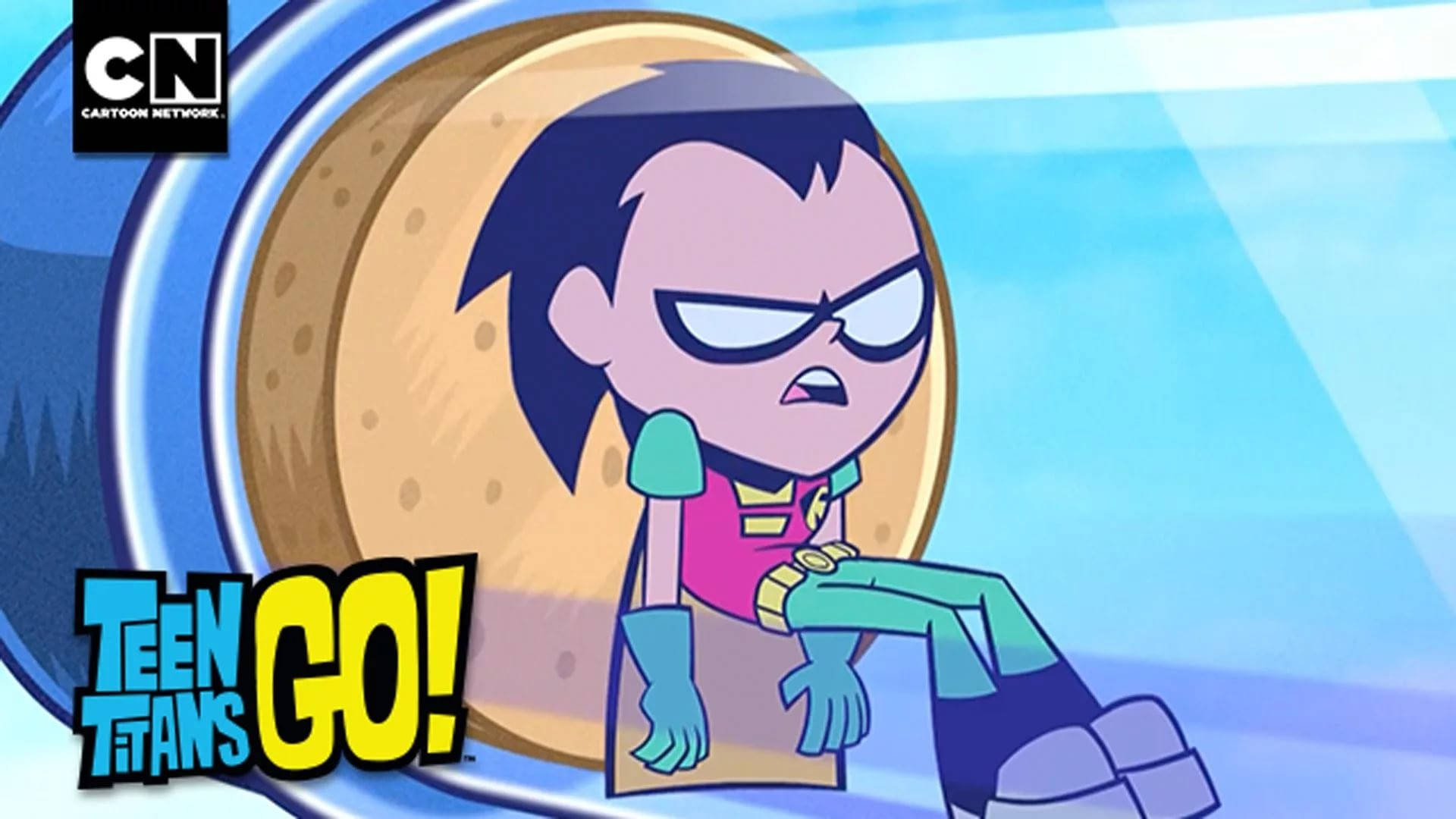 《Teen Titans Go》中的蘿安 壁紙 — Teen Titans Go! 角色羅賓憤怒地坐在一個帶有藍色漸變背景的巨型曲奇內。