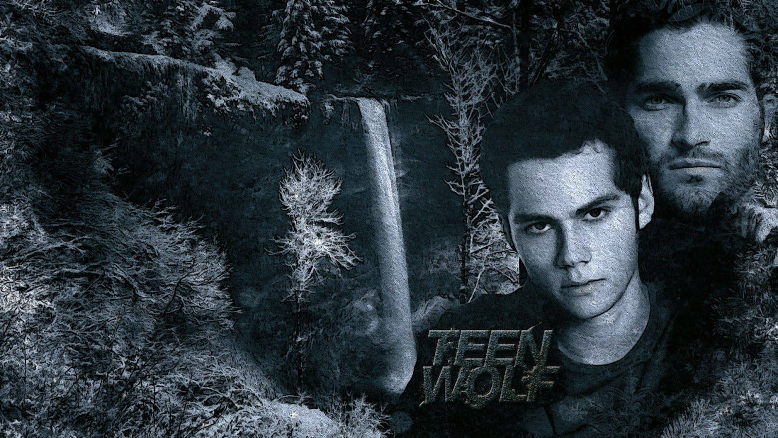 兩個男人在雪地森林中，帶有瀑布和Teen Wolf標誌。