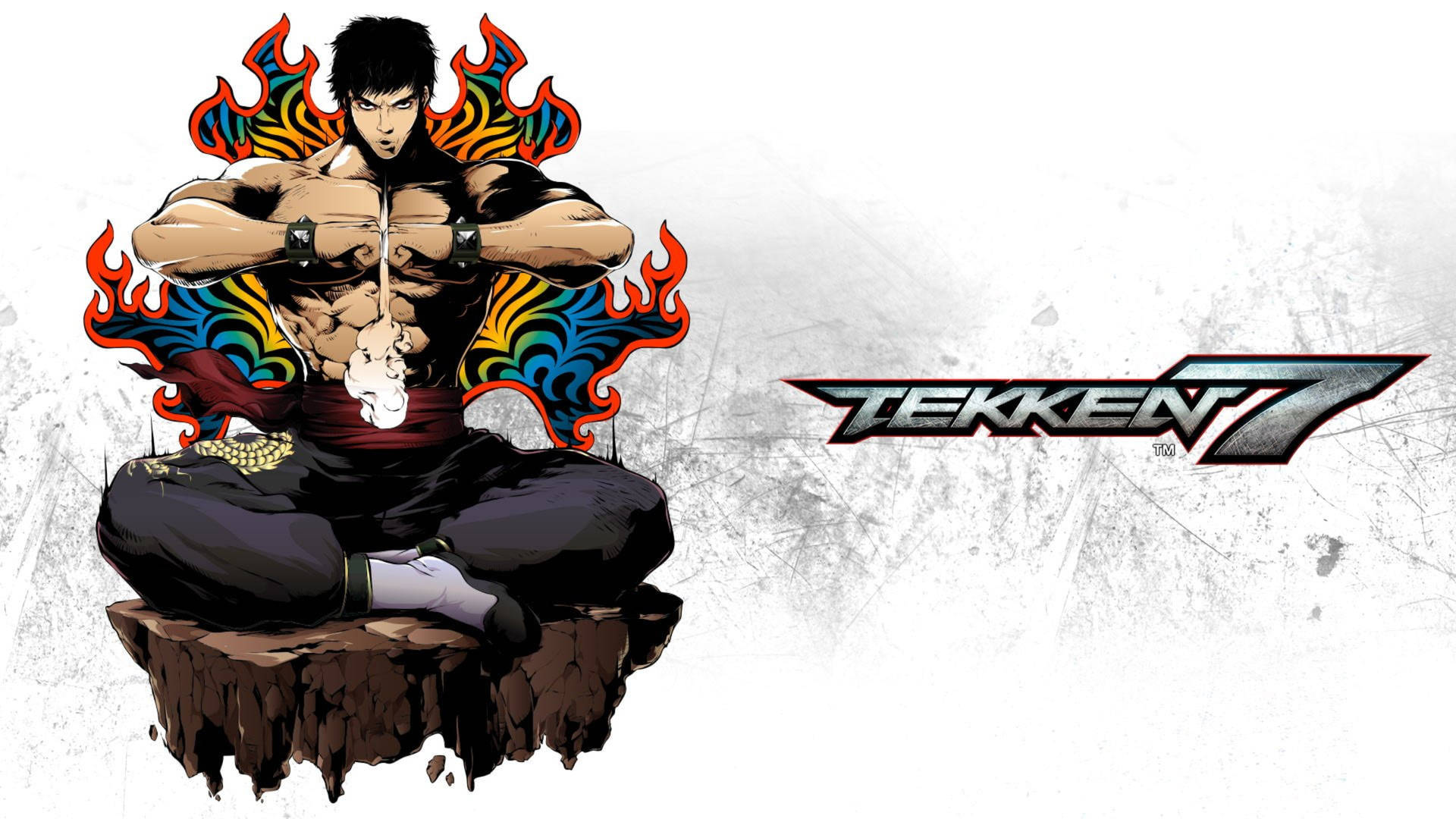 動漫《鐵拳7》戰士帶著火焰光環坐在岩石上。