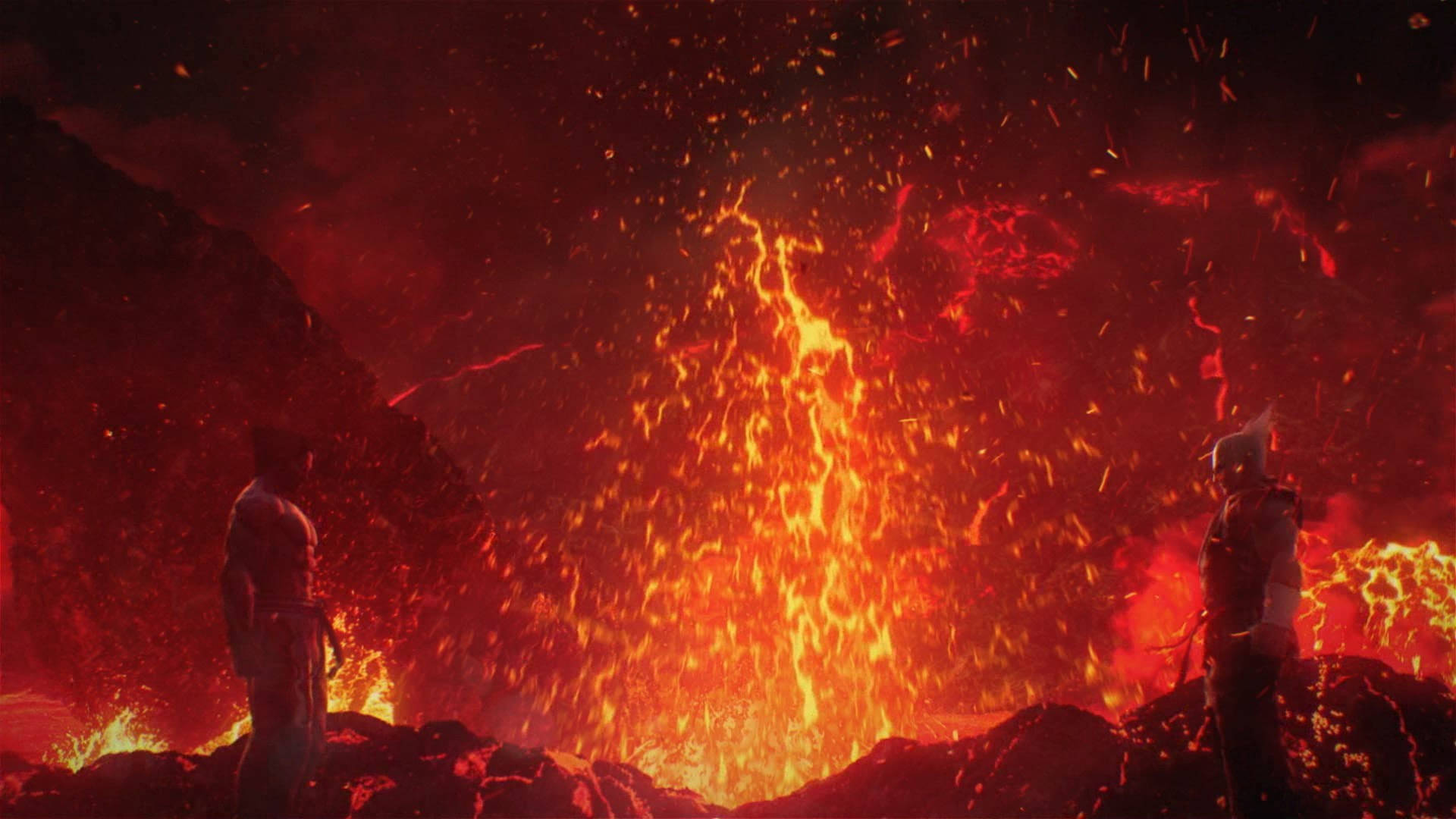兩個人物在暗紅色的天空下面對熾熱的火山噴發。