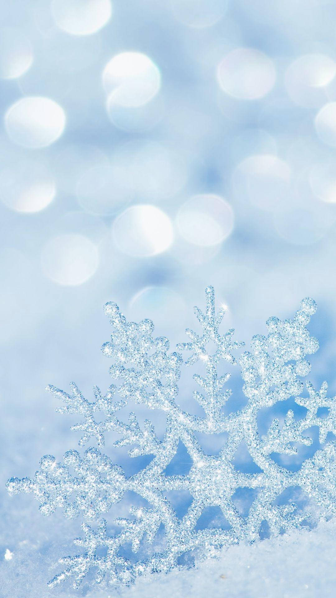 一片細節豐富的雪花落在雪地上，背景有柔和的藍色燈光。