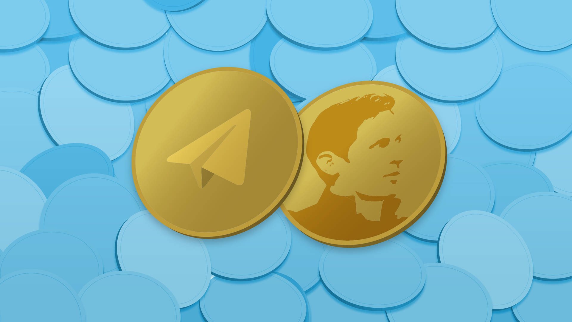 兩枚金幣，帶有 Telegram 標誌和男人側面，藍色圓形背景。