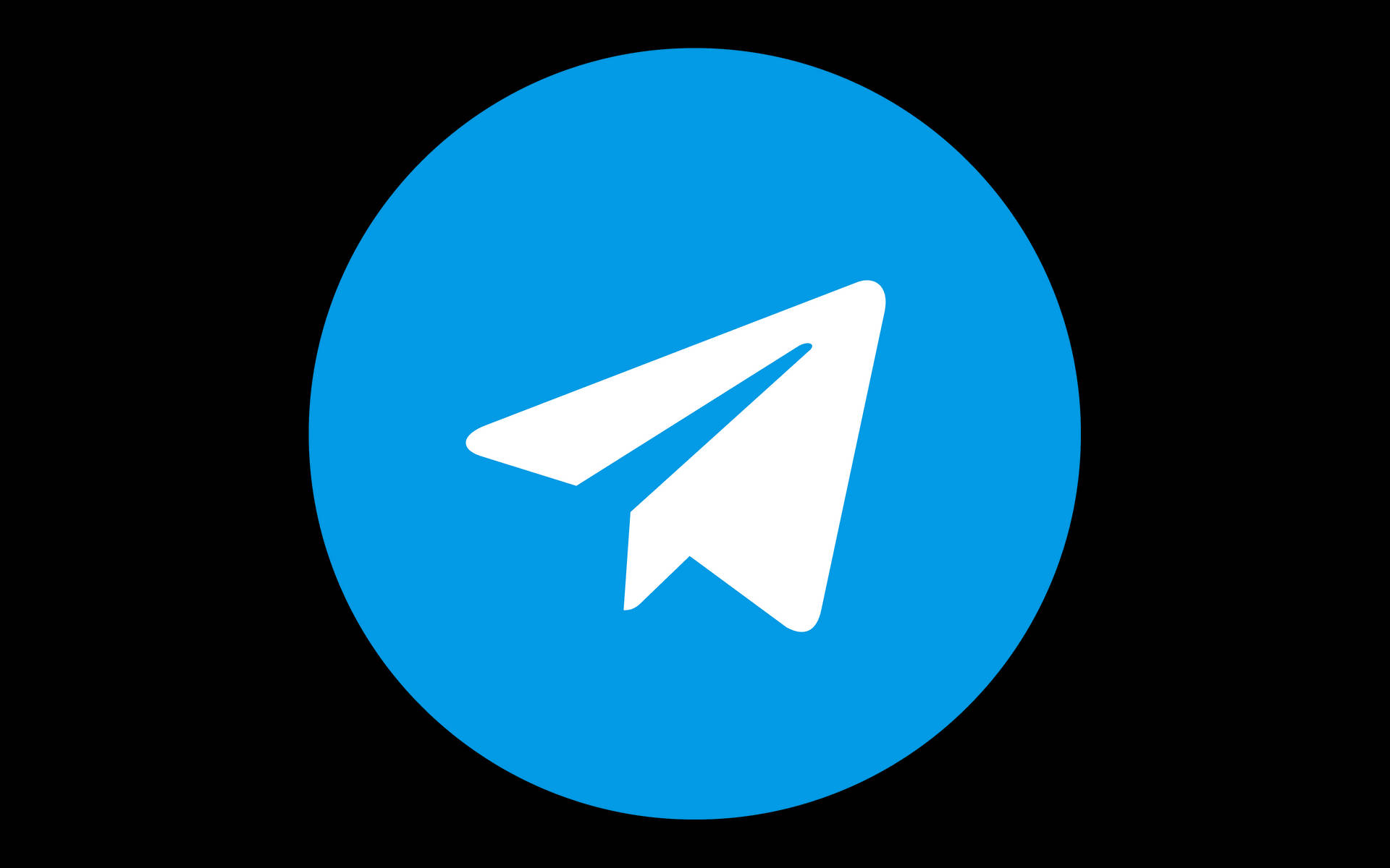 Telegram 應用程式標誌，黑色背景上藍色圓形內有白色紙飛機