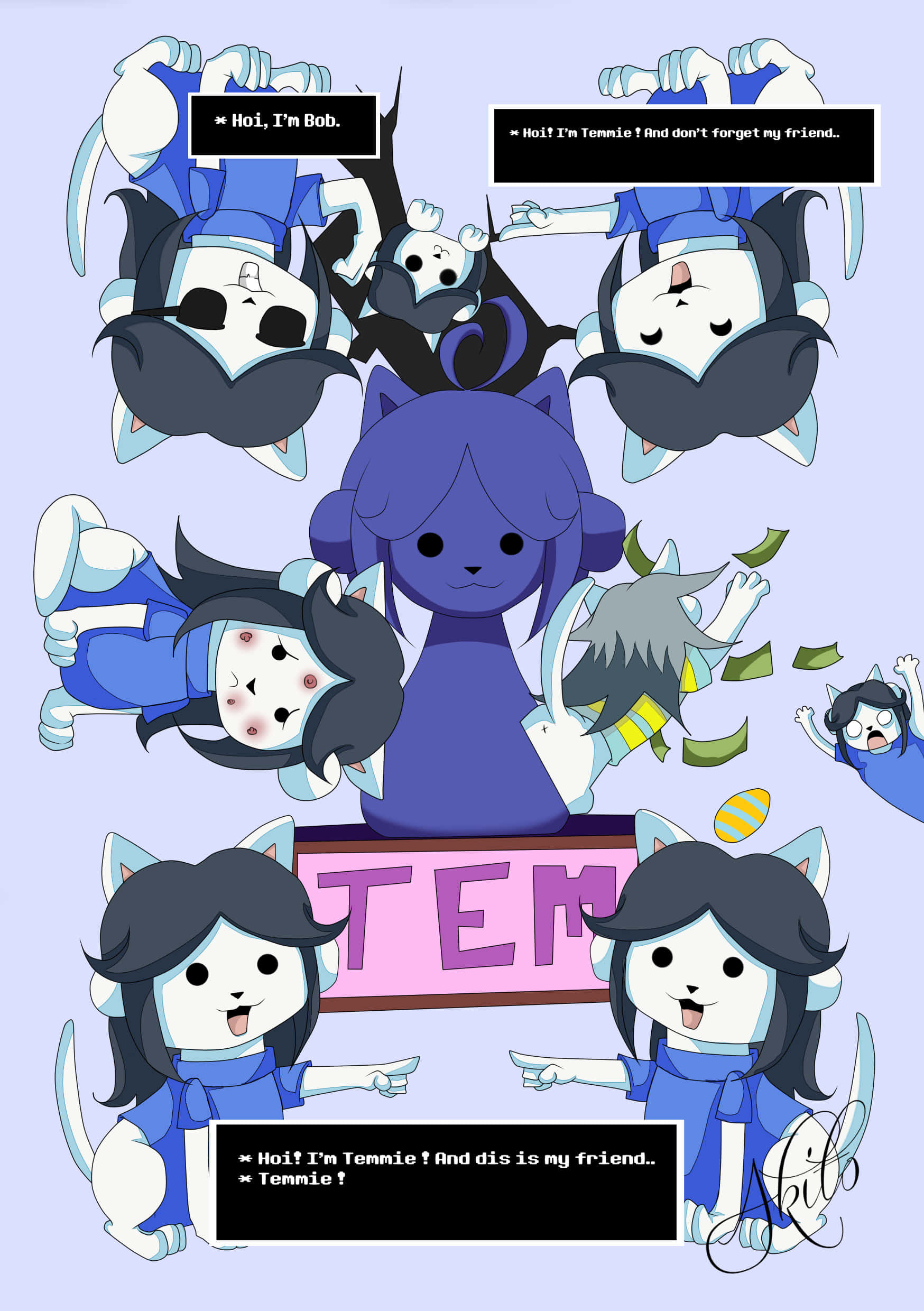 Temmie Undertale 藝術作品 壁紙 — 一幅充滿活力的動漫風格插圖，描繪多個卡通貓角色在玩鬧混亂的場景中用對話氣泡自我介紹。
