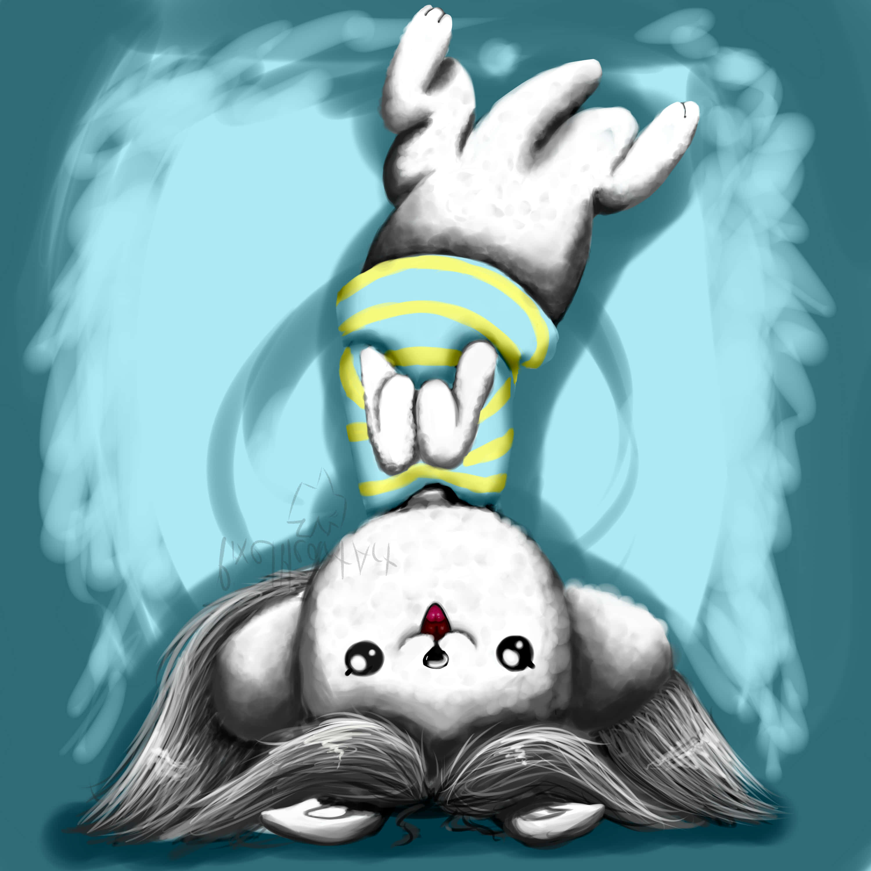 Temmie Undertale 白毛 壁紙 — 一隻可愛的卡通兔子，留著鬍子，紅鼻子，在旋轉的青綠色背景上，倒立平衡在一根條紋桿上。