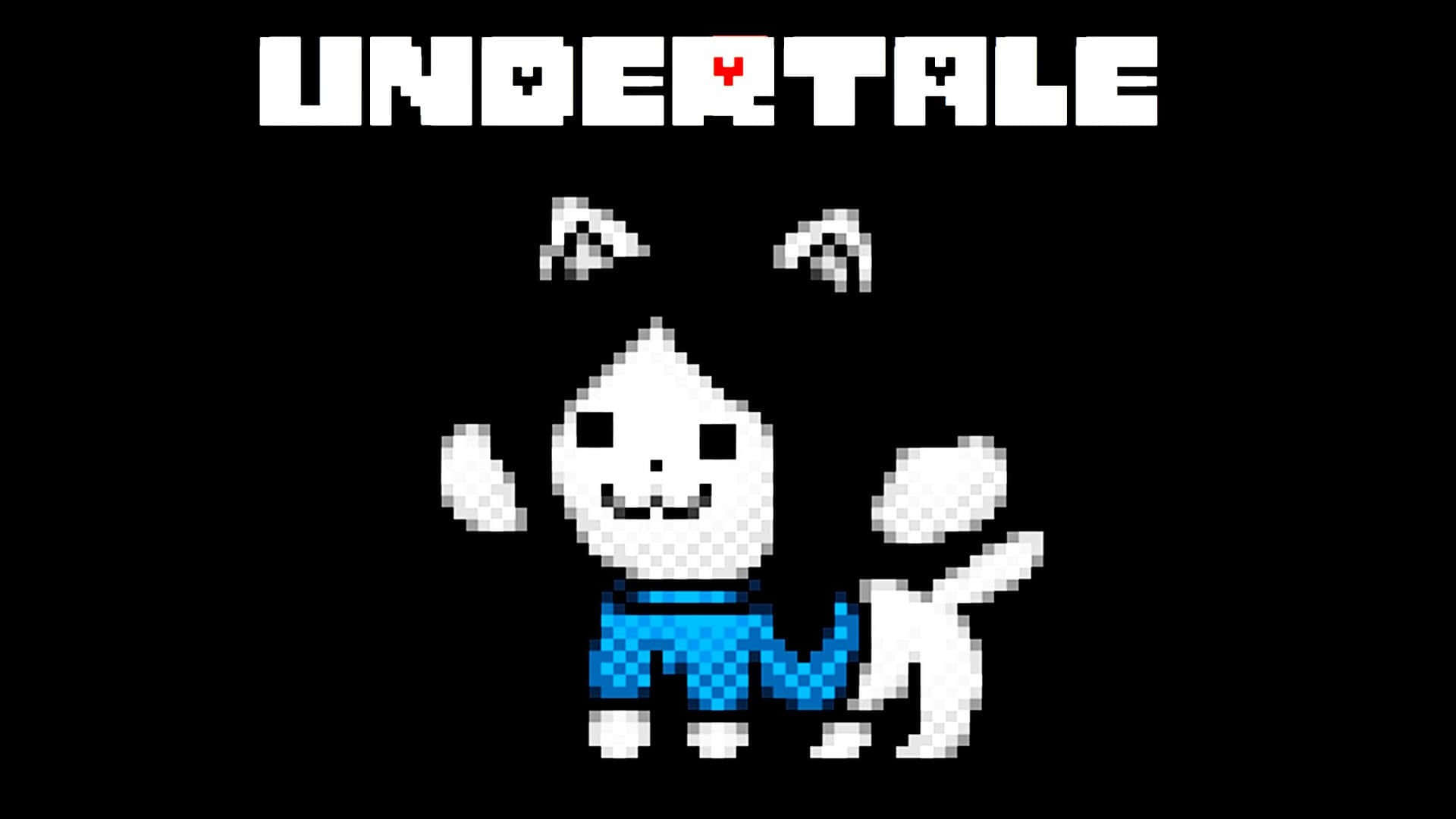Temmie Undertale 黑底圖 壁紙 — 黑色背景上，『UNDERTALE』文字下方，有一個像素化的白色角色，穿著藍色褲子，眼睛漂浮。