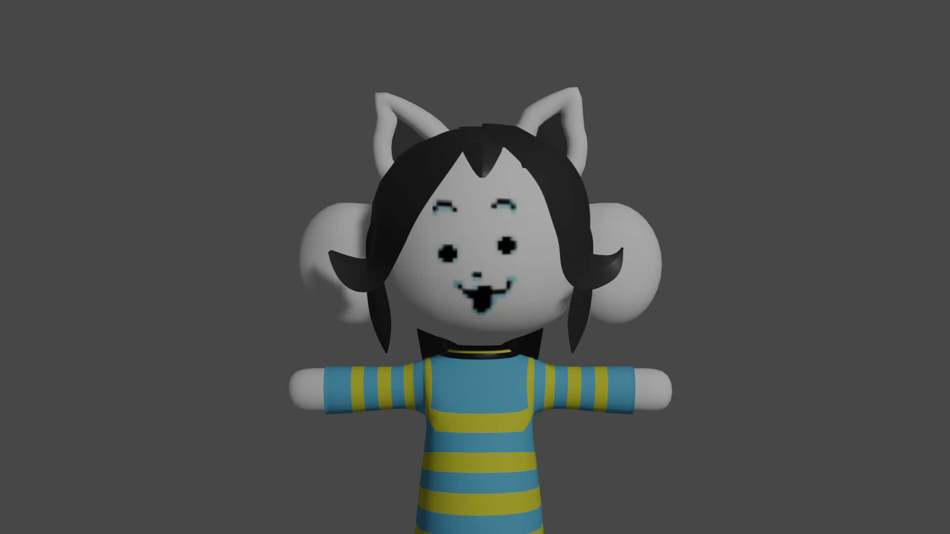 Temmie Undertale 3D模型 壁紙 — 一個風格化的3D渲染角色，擁有貓耳和黑髮，穿著藍黃條紋襯衫，背景為純灰色。