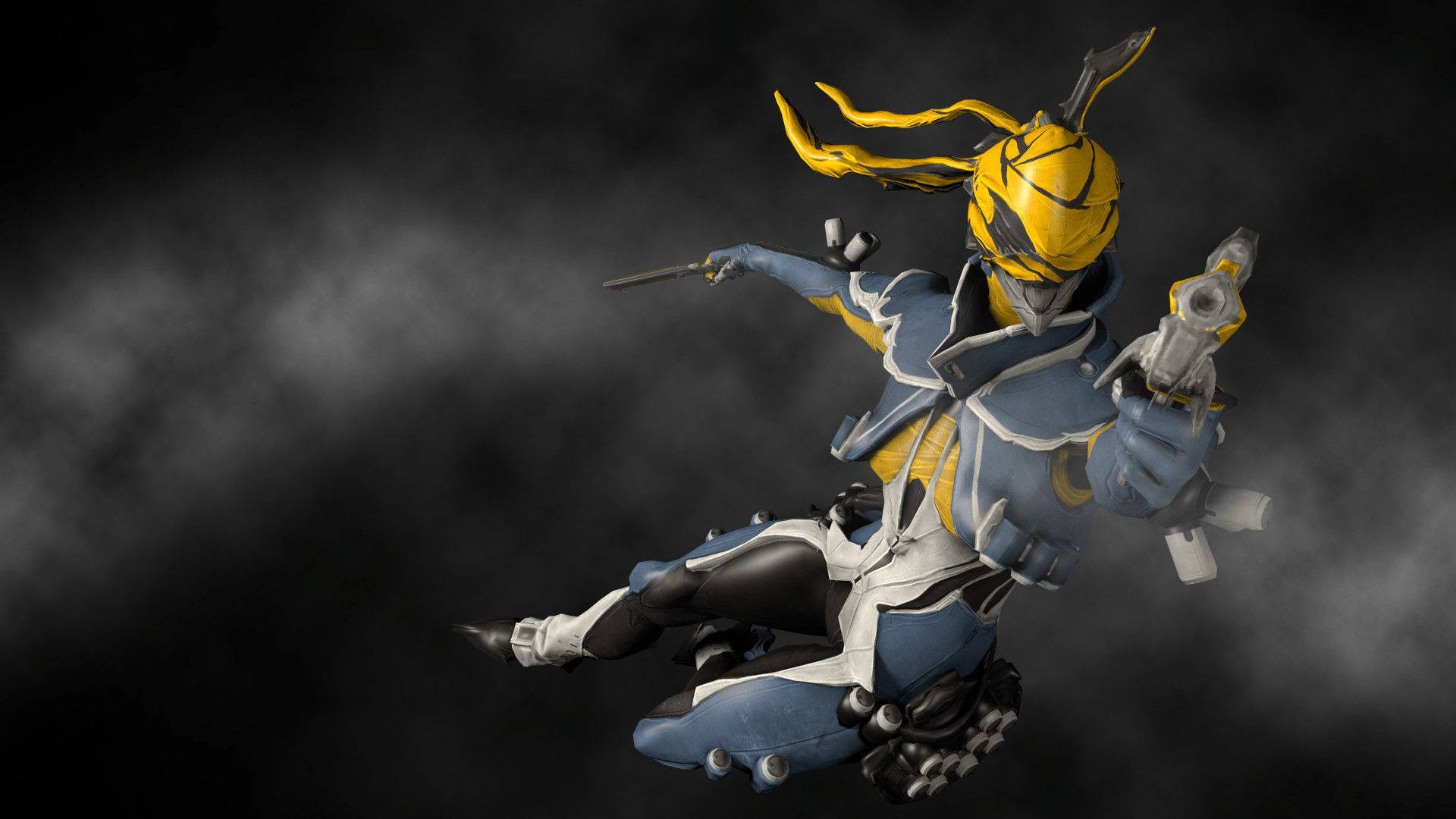 古代 Tenno 戰士——守護 Warframe 免受邪惡勢力侵擾 壁紙 — 一個動態動漫風格角色，身穿藍黃色盔甲，手持雙槍跳過黑煙。