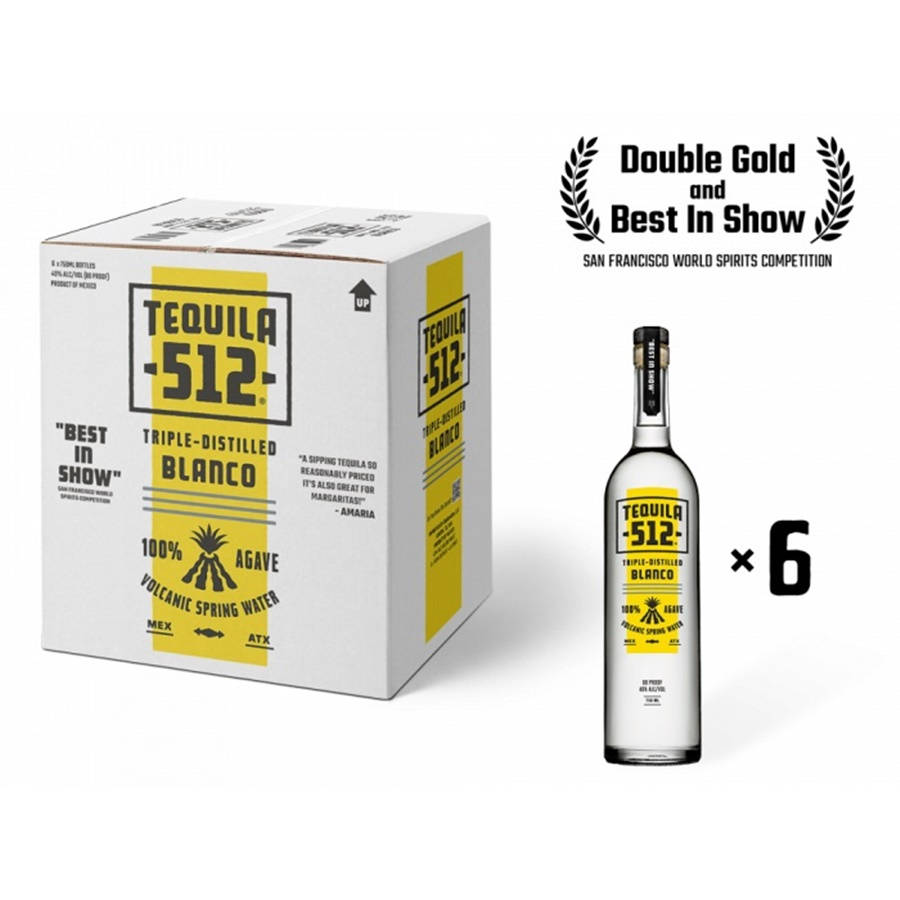 Tequila 512 Blanco 包裝盒 壁紙 — 一個白色盒子和單支Tequila 512 Blanco，帶有鮮明的黃色標籤和獎項桂冠，置於潔白背景上。