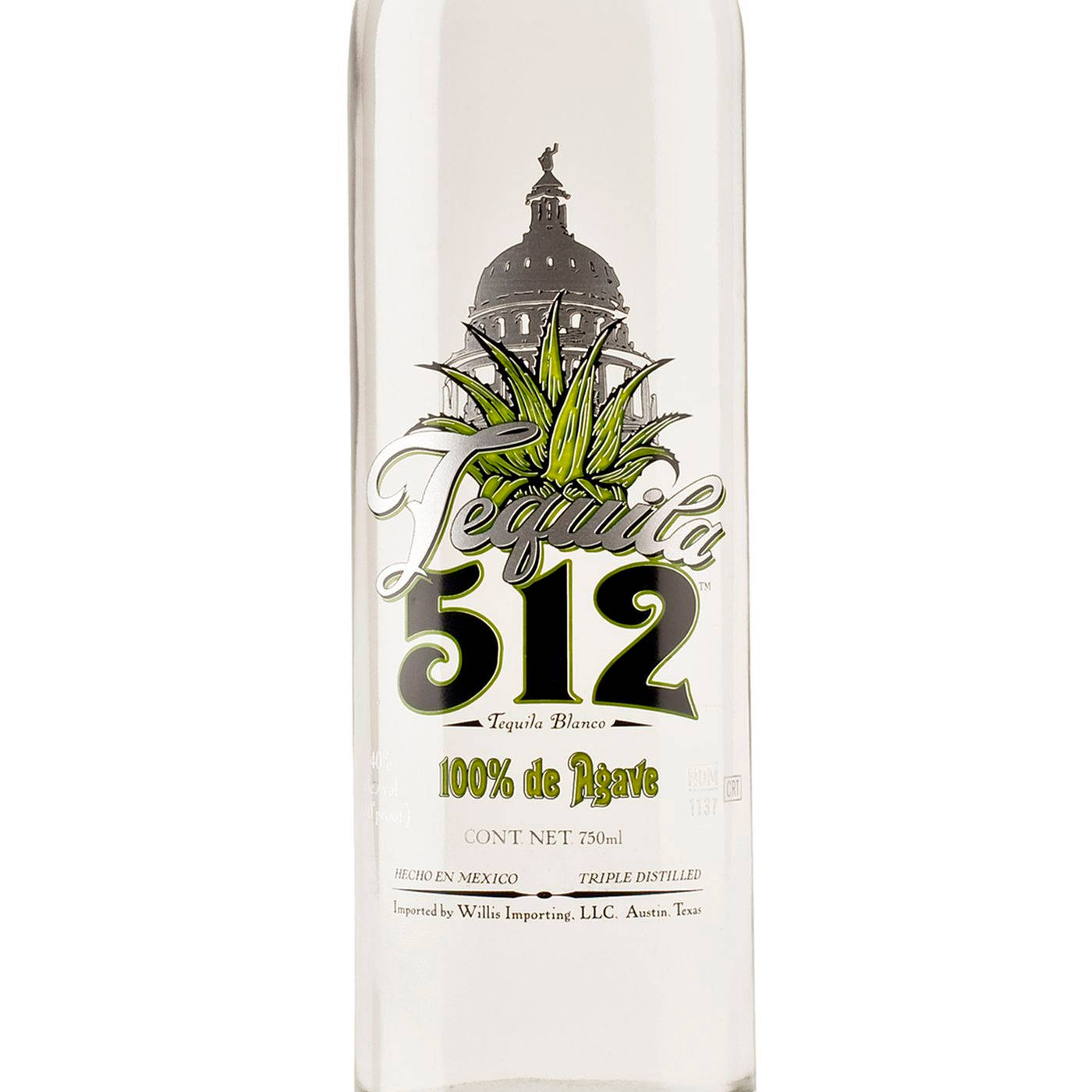 透明龍舌蘭酒瓶，帶有銀色和綠色標籤，顯示龍舌蘭和建築設計。