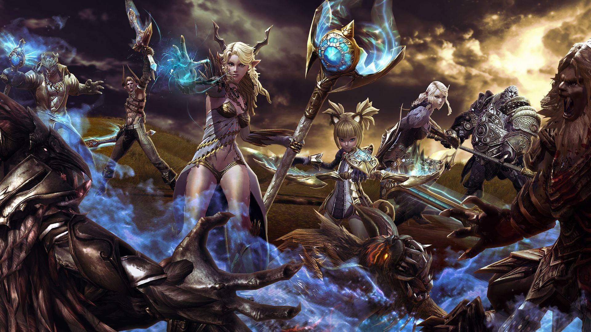 《Tera》戰士戰鬥中的力量展現 壁紙 — 奇幻戰士在暴風雨的天空下，以發光的魔法武器和烏雲進行激烈的戰鬥。